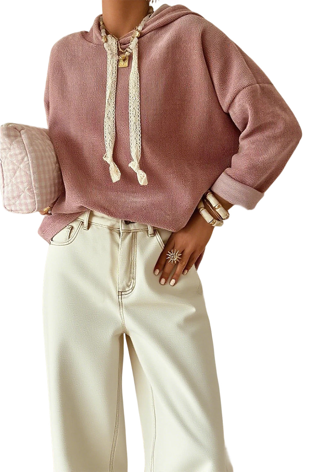 Jet Stream Thermal Textured Lace Drawstring Baggy Hoodie