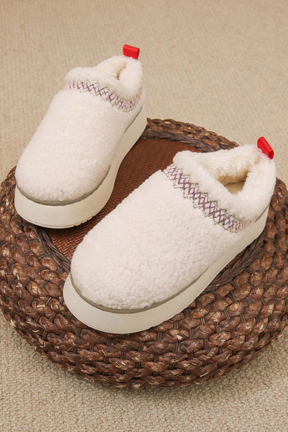 Soft Plush Embroidered Detail Flat Platform Slippers