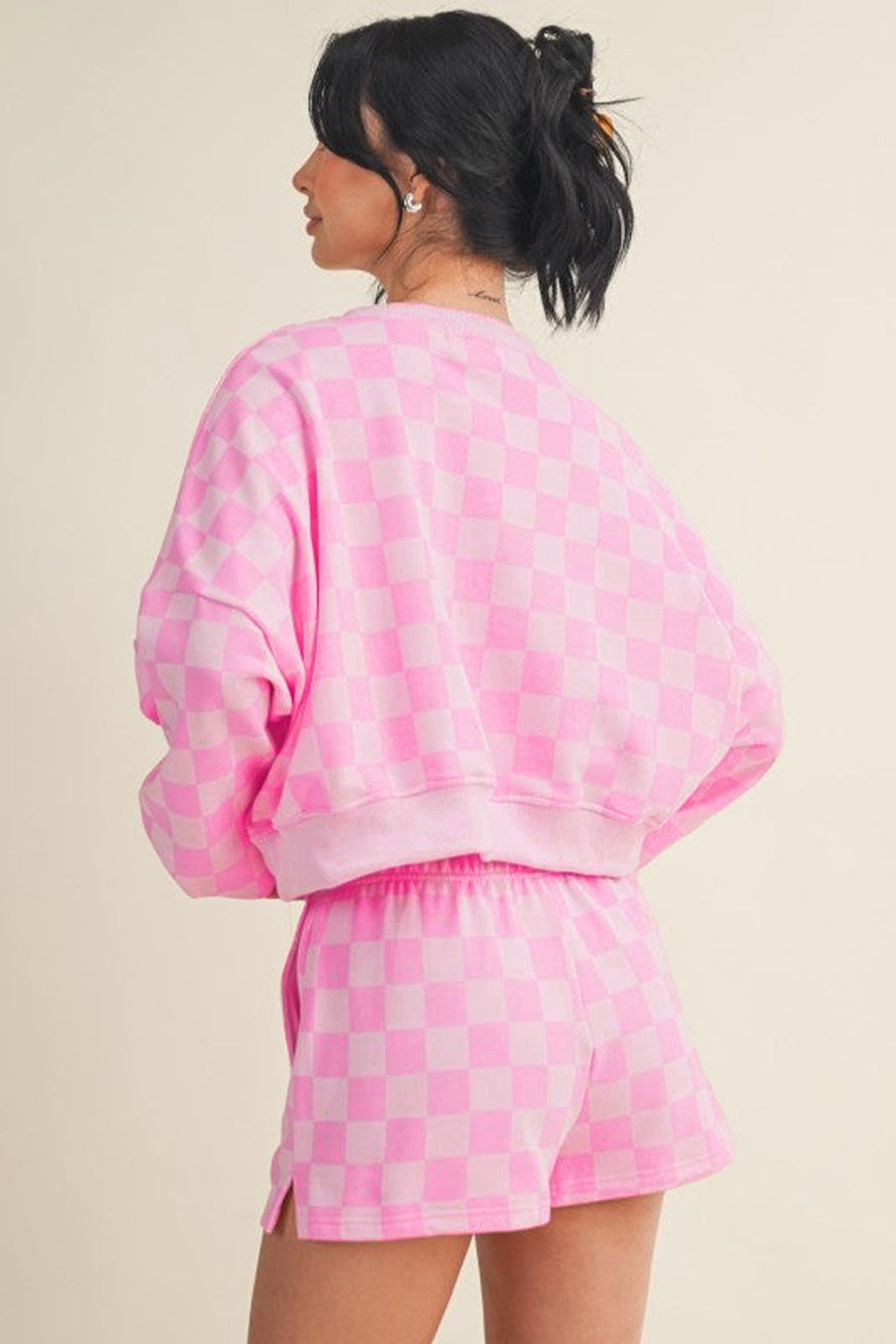 Plaid Checkered Long Sleeve Crop Top Elastic Waist Shorts Two Piece Set
