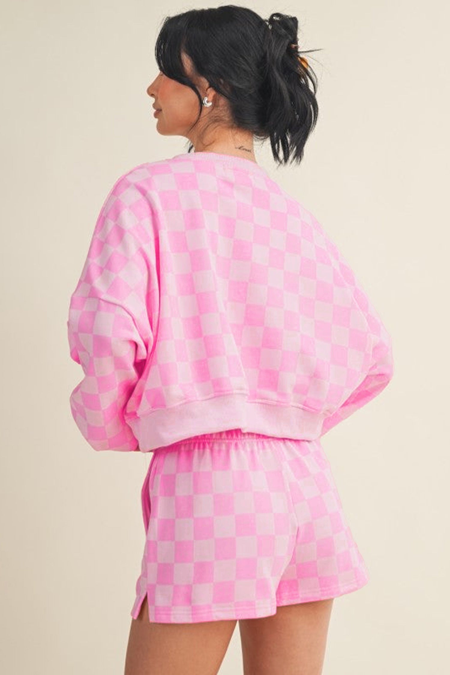 Plaid Checkered Long Sleeve Crop Top Elastic Waist Shorts Two Piece Set