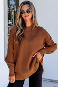 Chestnut Long Sleeve Ribbed Knit Stand Neck Regular Fit Sweater