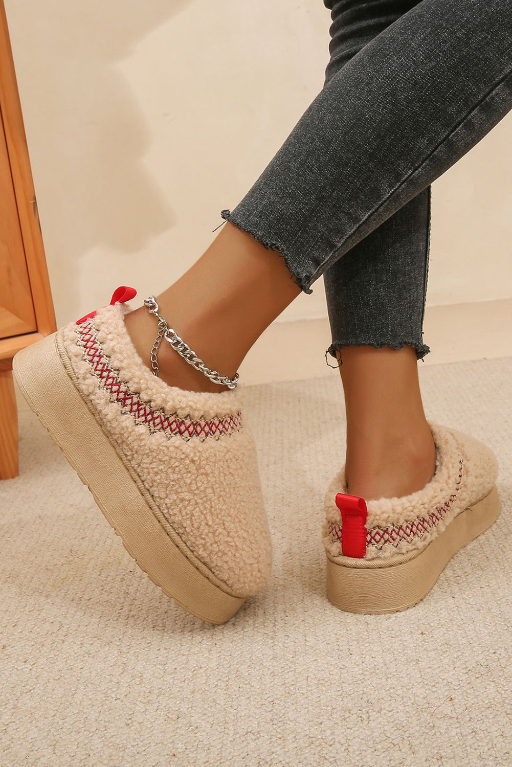 Soft Plush Embroidered Detail Flat Platform Slippers