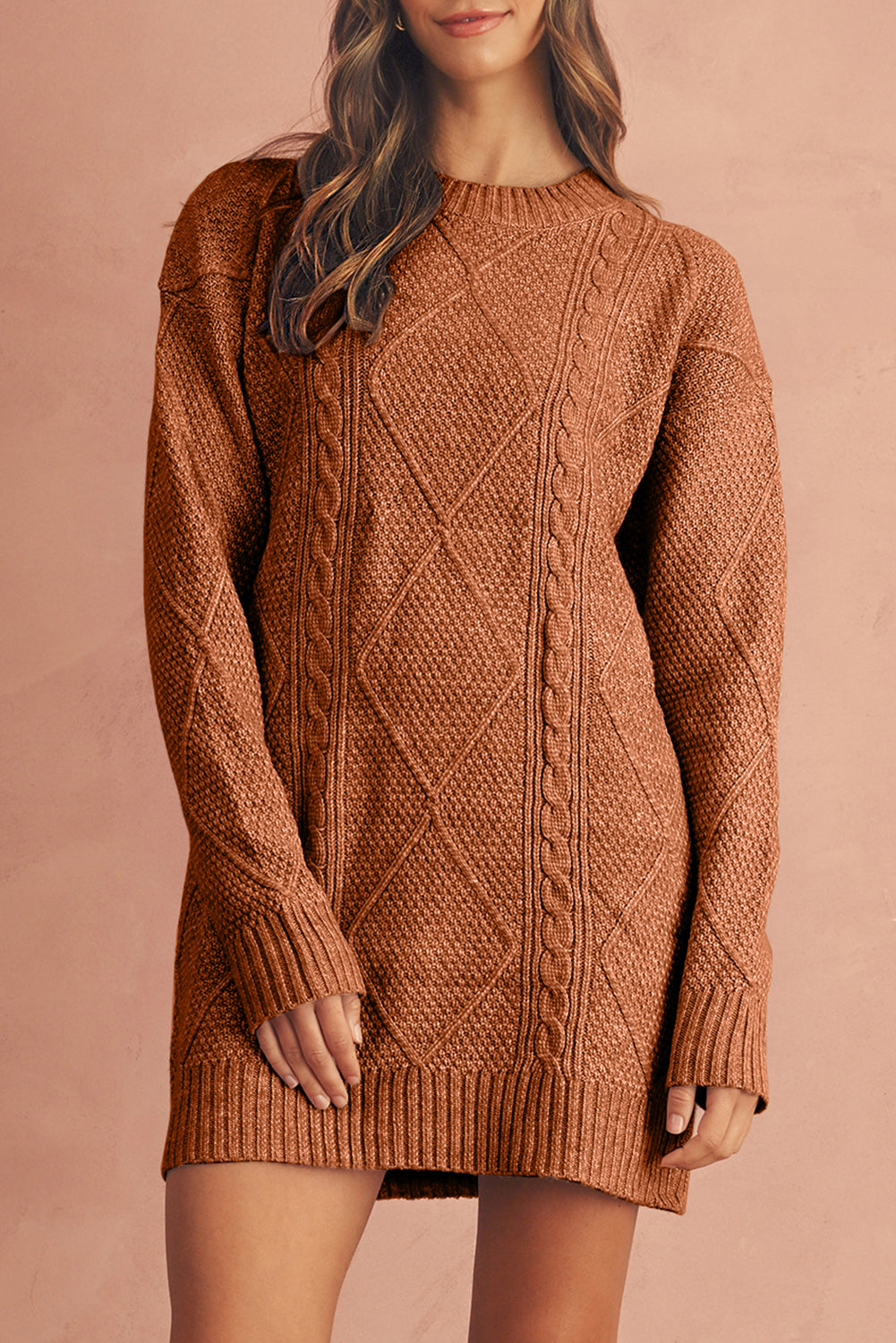 Oatmeal Cable Knit Drop Shoulder Loose Fit Sweater Dress