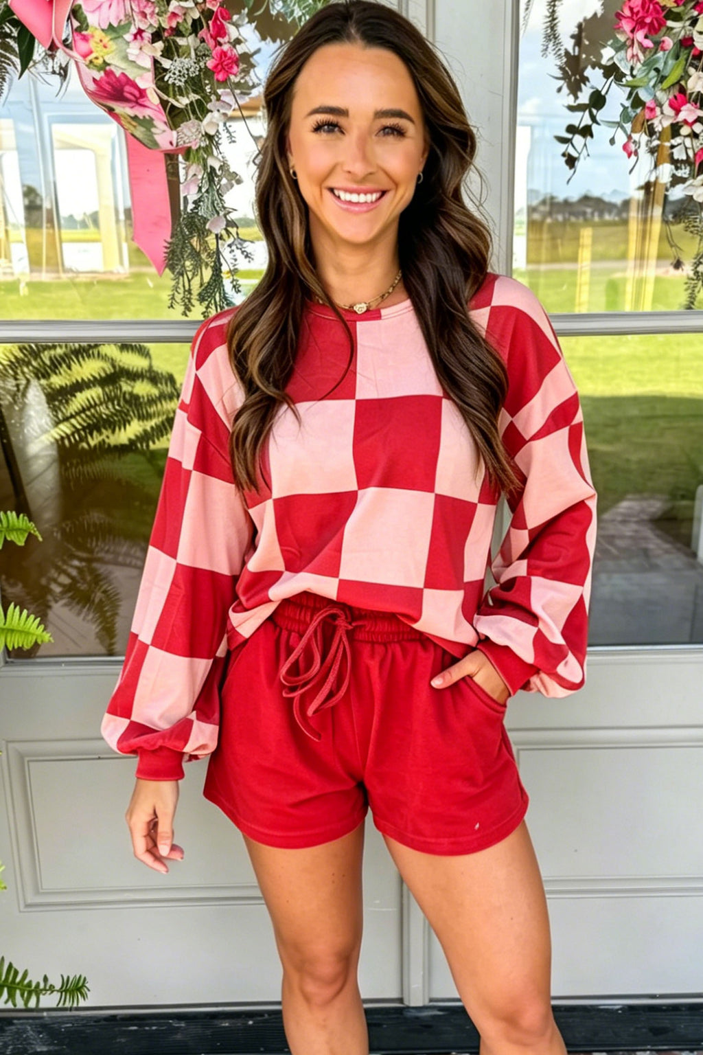 Khaki Checkerboard Plaid Long Sleeve Solid Color Shorts 2pcs Set