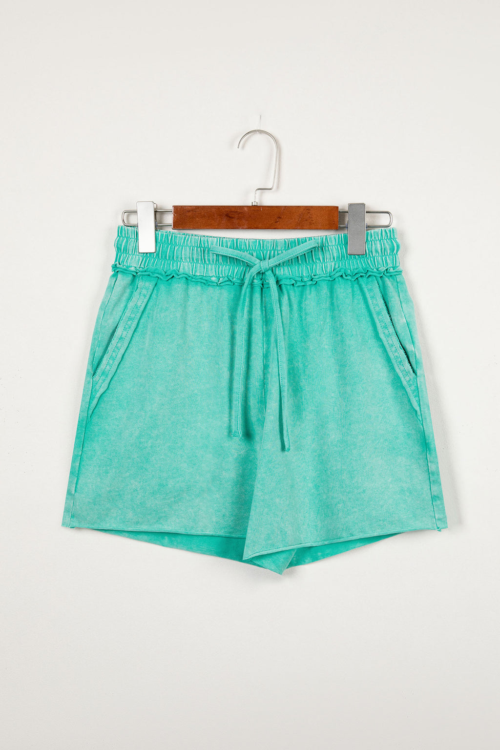 Rose Red Mineral Washed Drawstring Elastic Waist Raw Cut Shorts