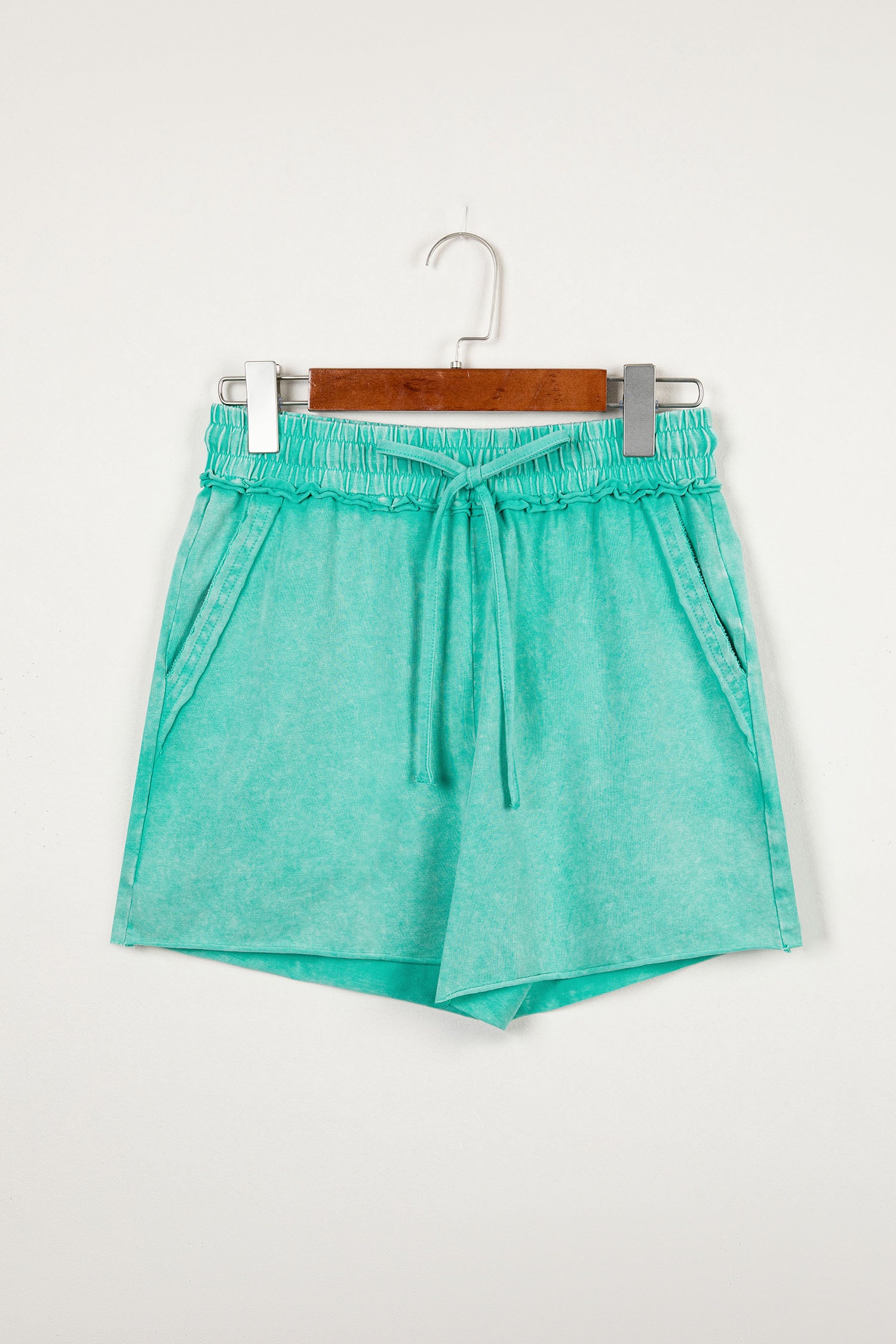 Rose Red Mineral Washed Drawstring Elastic Waist Raw Cut Shorts