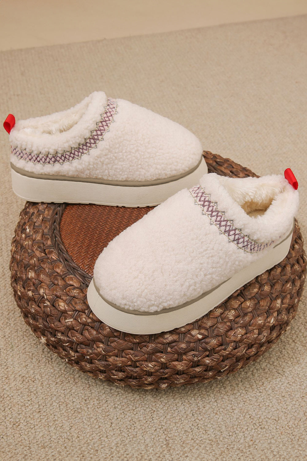 Soft Plush Embroidered Detail Flat Platform Slippers