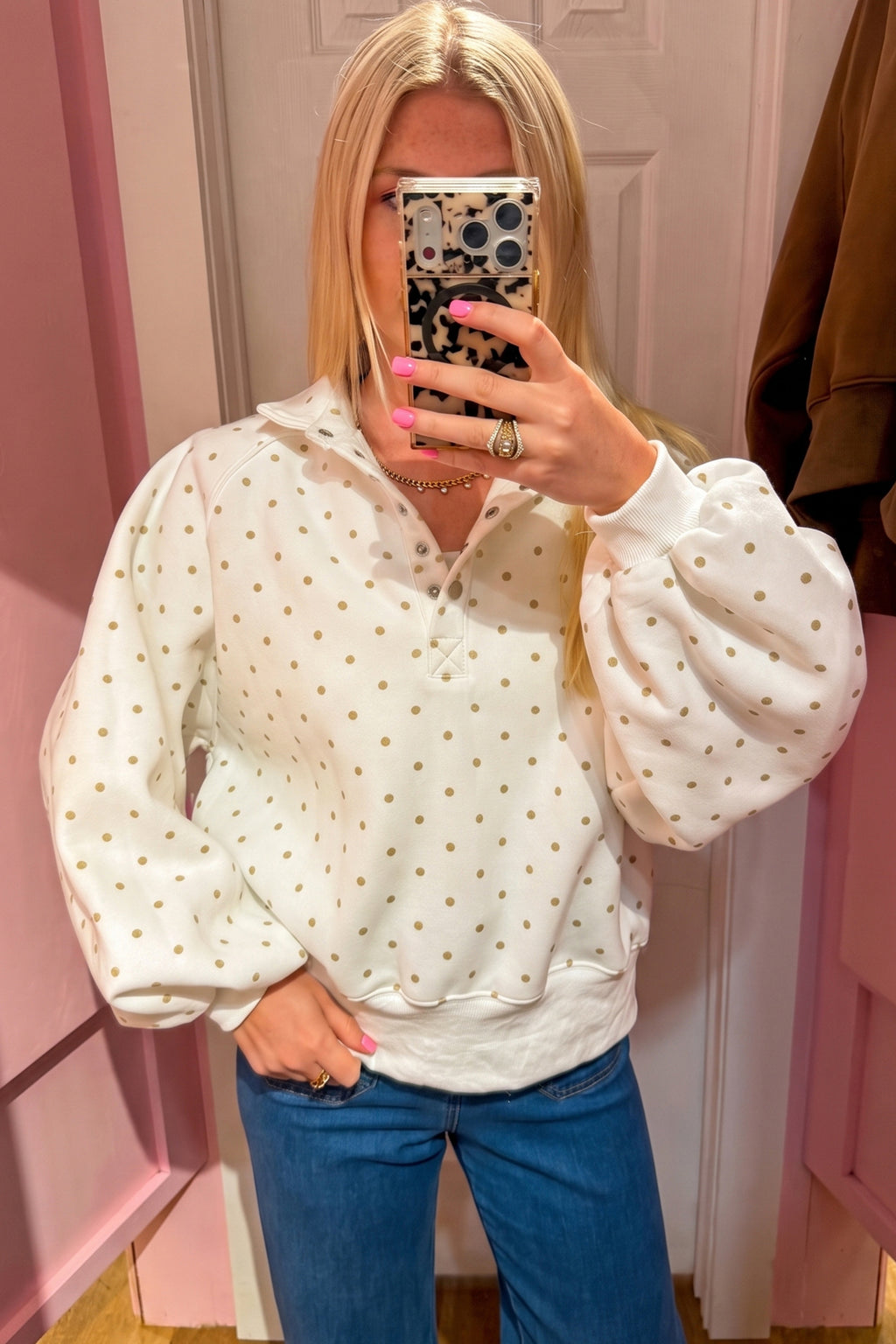 Brown Polka Dot Print Metal Button Collar Casual Pullover Sweatshirt
