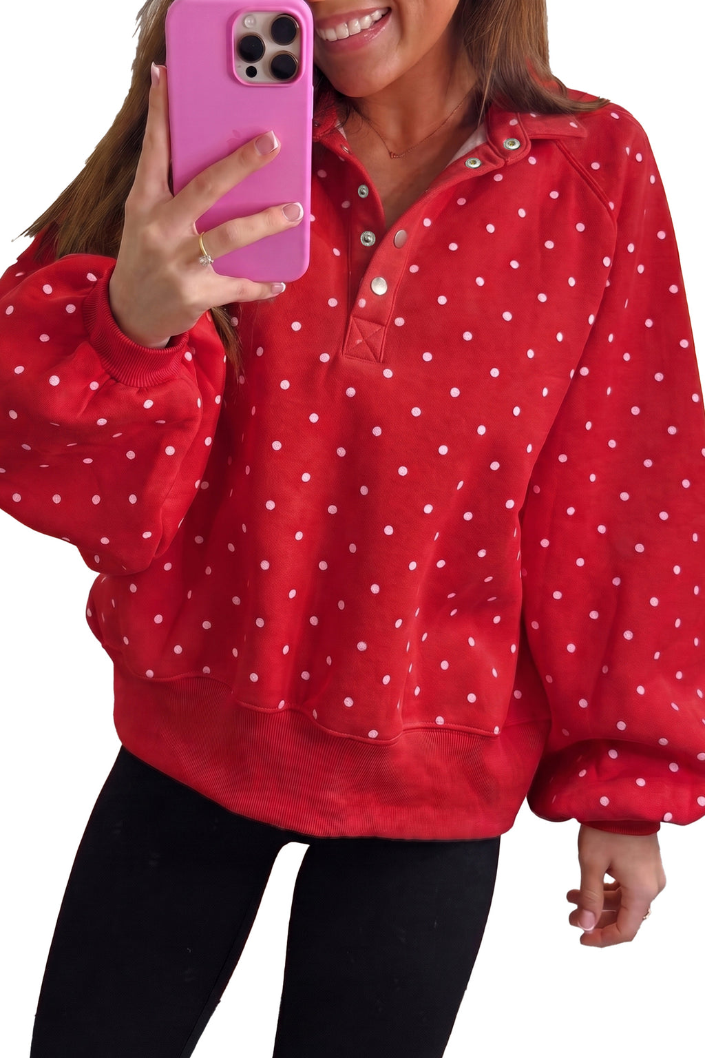 Brown Polka Dot Print Metal Button Collar Casual Pullover Sweatshirt
