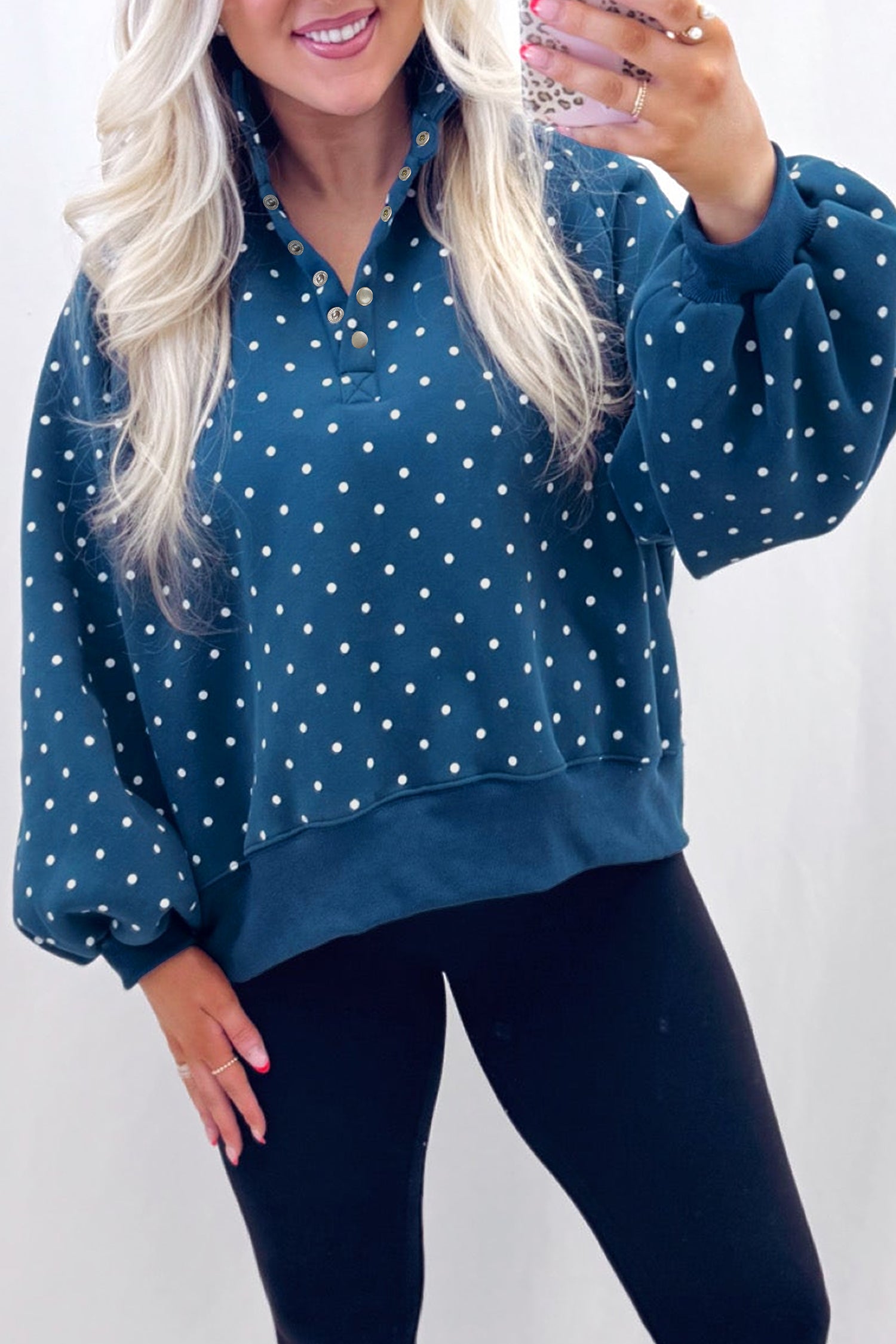 Brown Polka Dot Print Metal Button Collar Casual Pullover Sweatshirt
