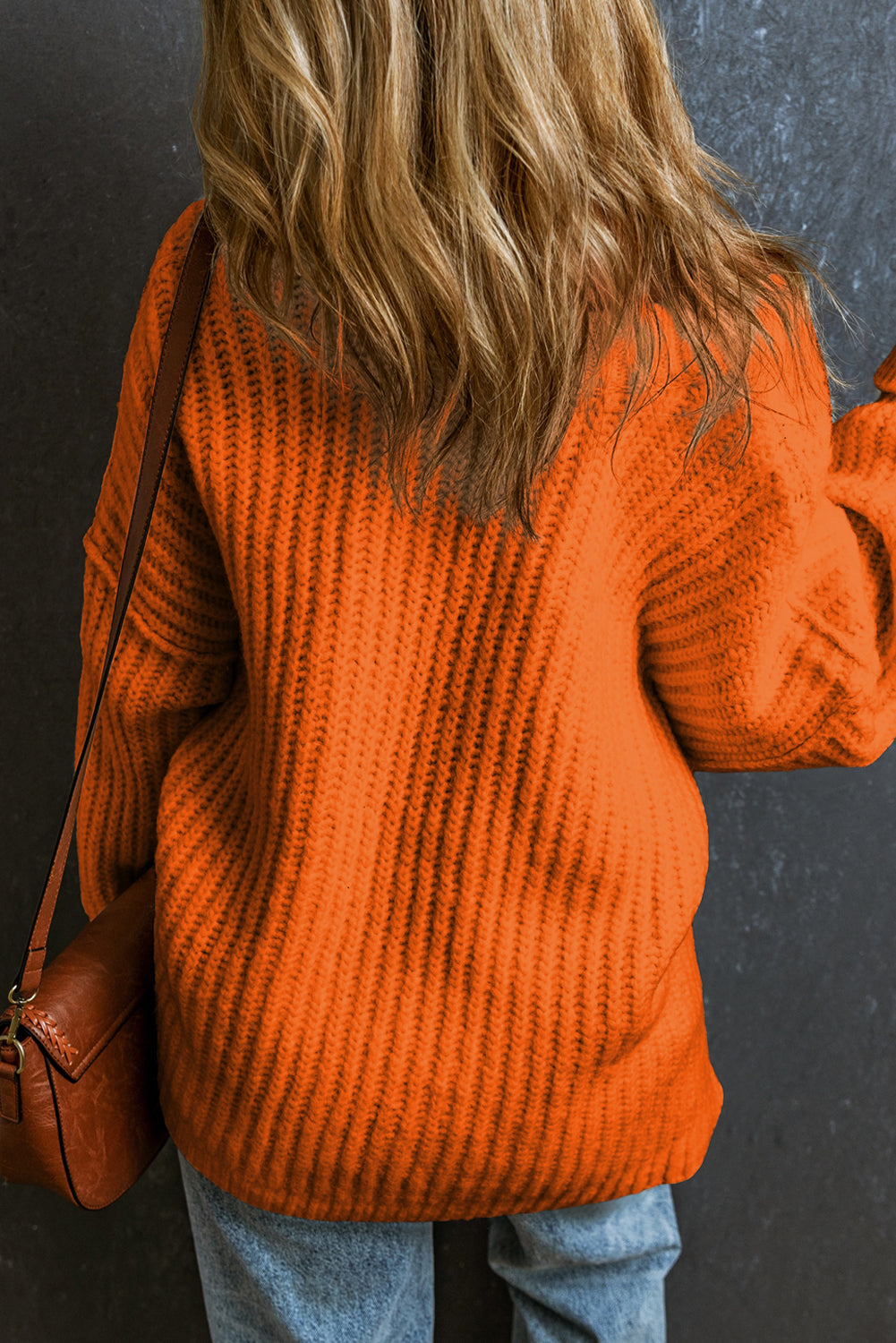 Orange Ribbed Knit Round Neck Slouchy Chunky Sweater