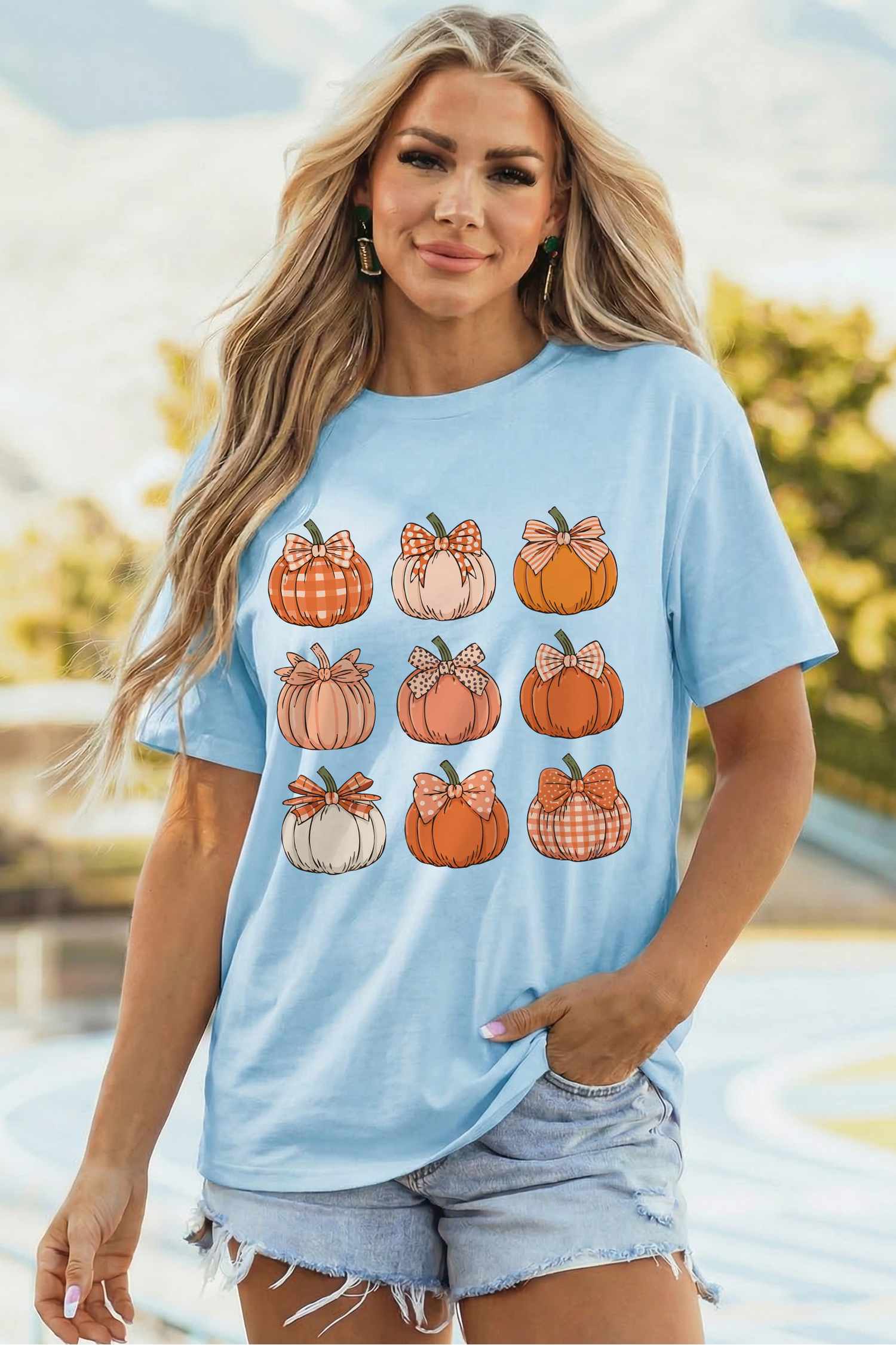 Light Blue Multi Pumpkin Print ODM Custom Graphic T Shirt