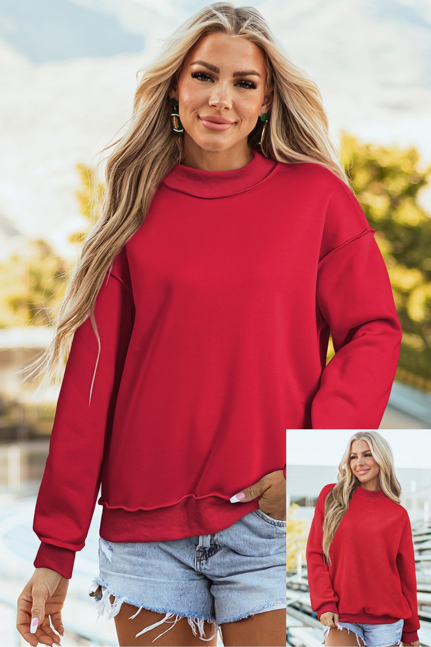 Coffee Oversize Drop Shoulder Reversible Mock Neck Sweatshirt