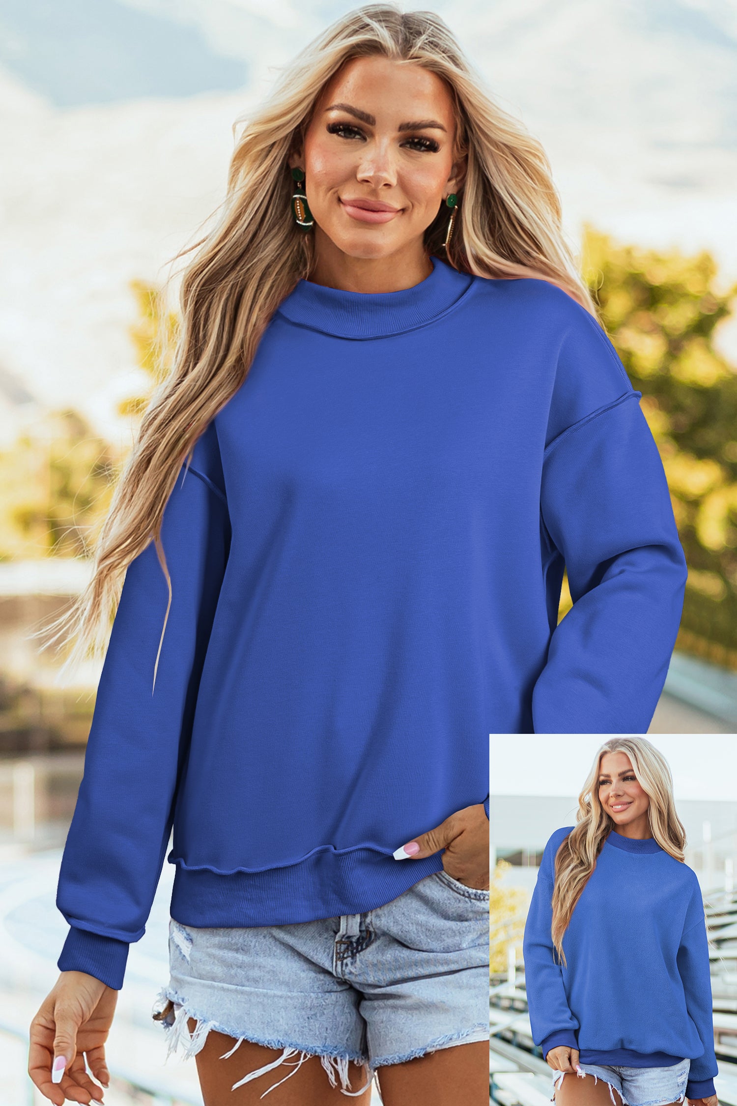 Coffee Oversize Drop Shoulder Reversible Mock Neck Sweatshirt