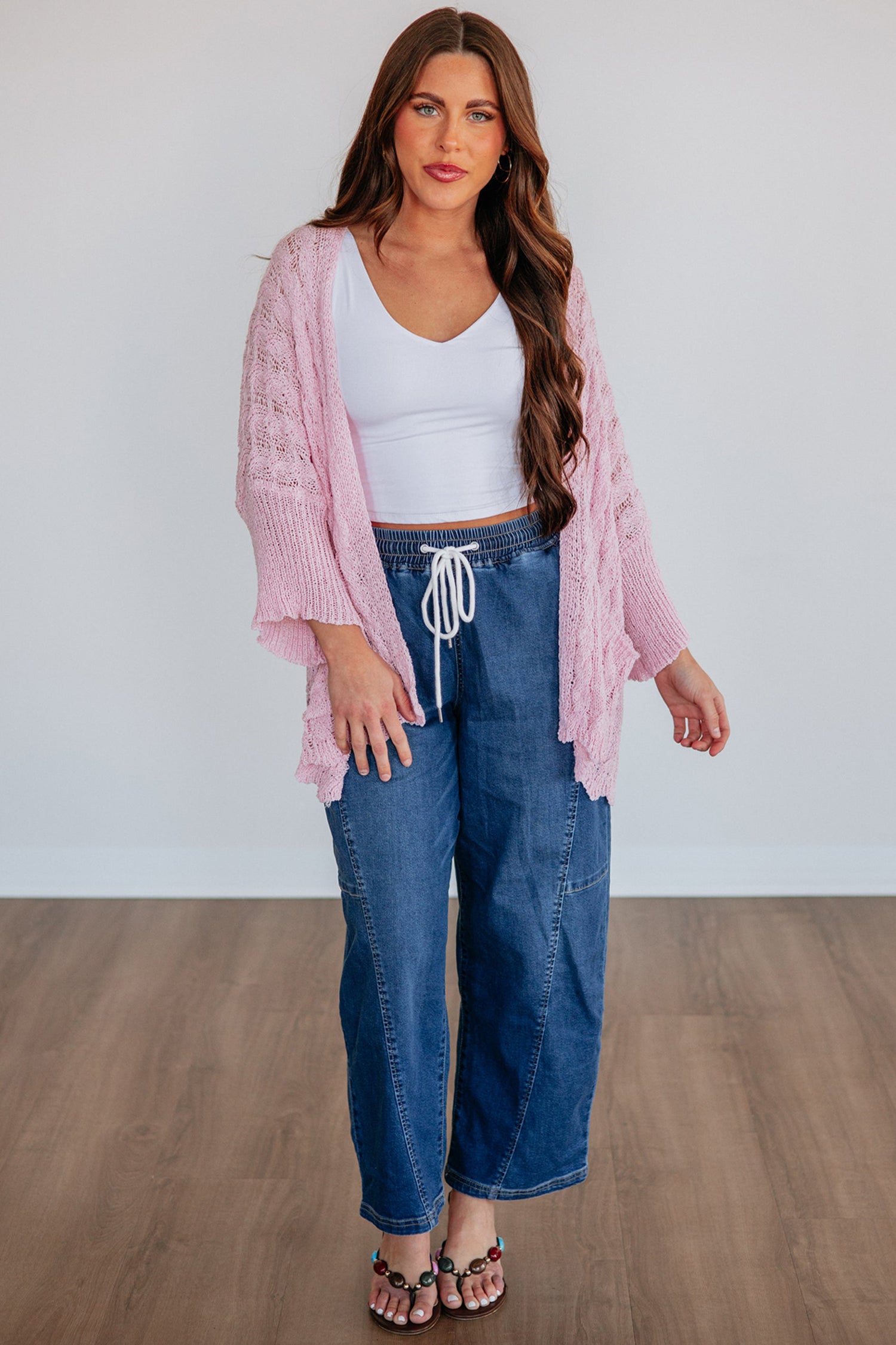 Old Rose Drop Shoulder Crochet Knit Open Front Cardigan