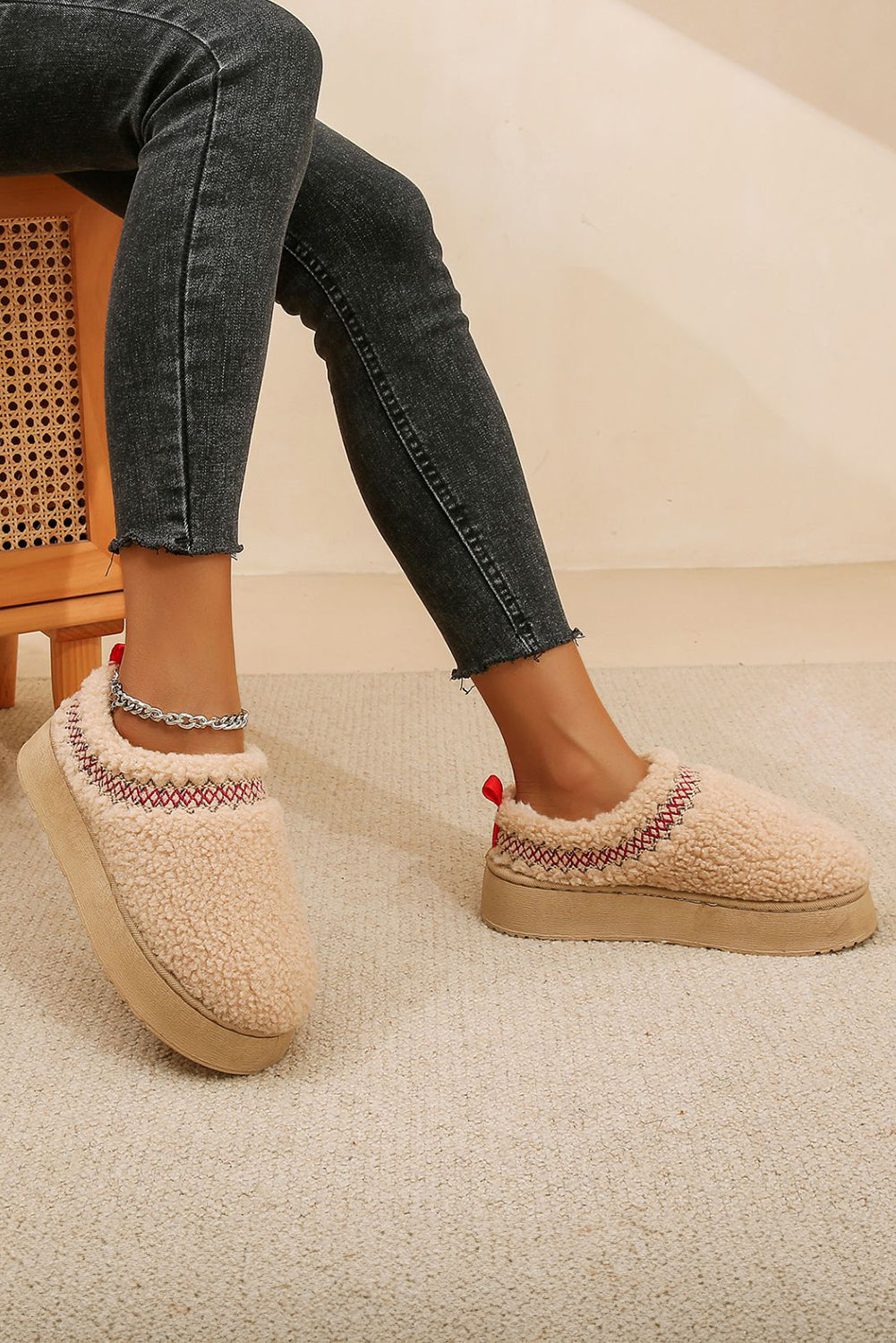 Soft Plush Embroidered Detail Flat Platform Slippers
