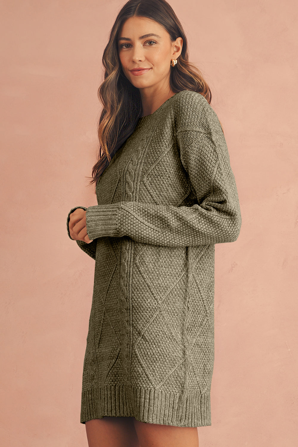 Oatmeal Cable Knit Drop Shoulder Loose Fit Sweater Dress
