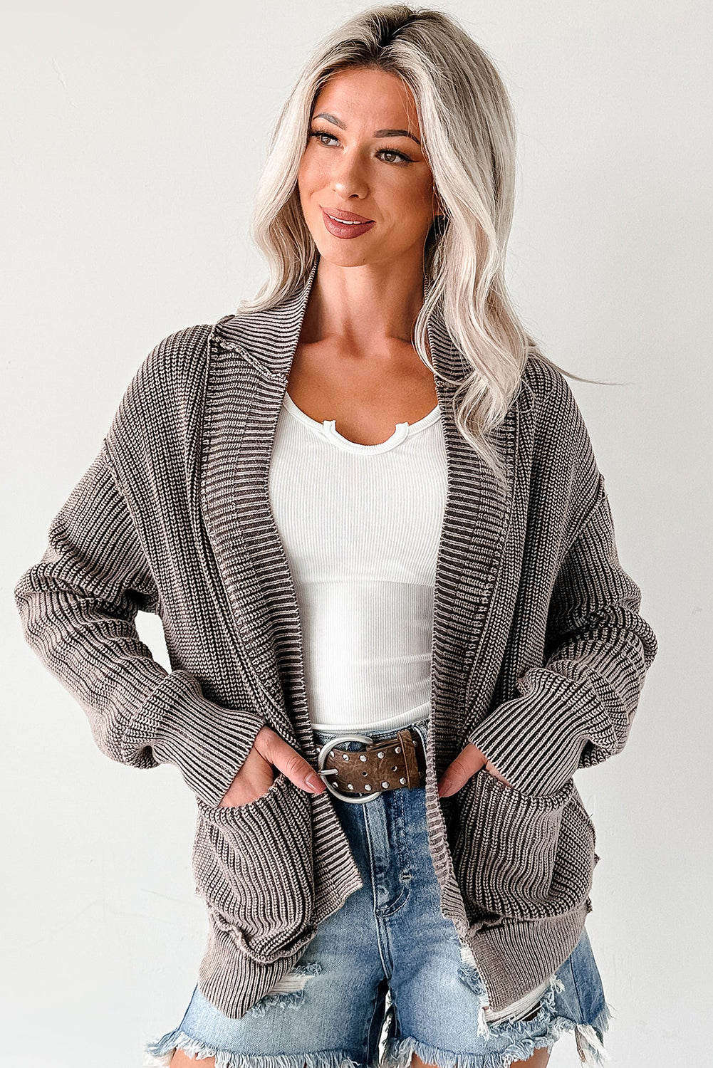 Evergreen Mineral Wash Exposed Seam Patchwork Knit Cardigan