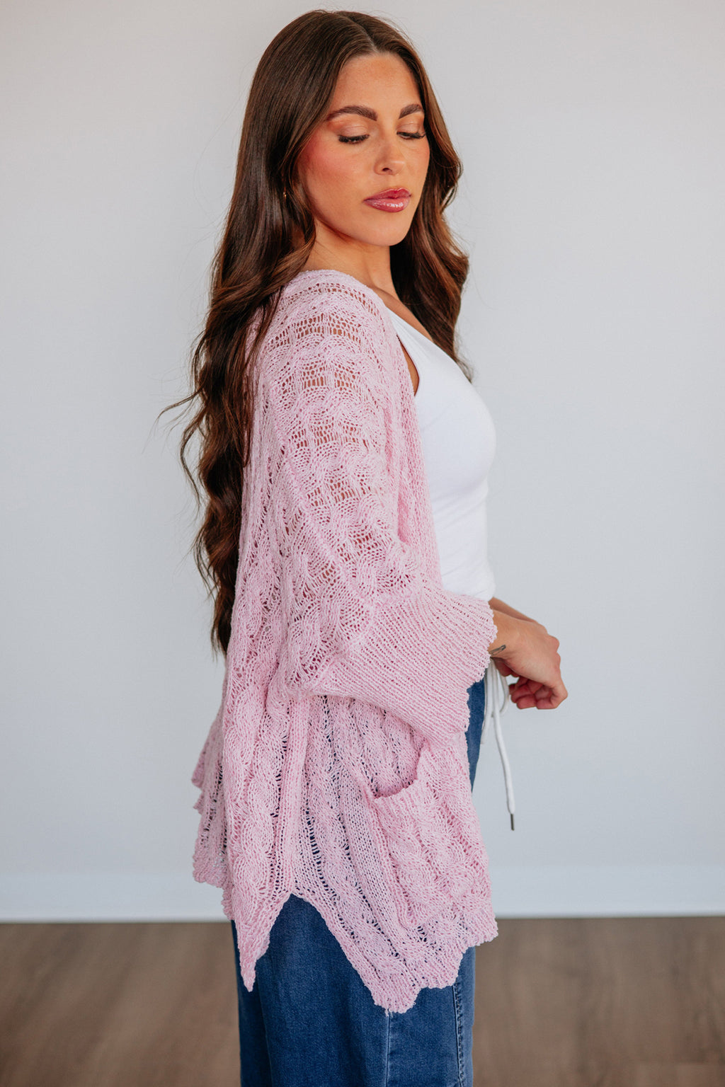 Old Rose Drop Shoulder Crochet Knit Open Front Cardigan