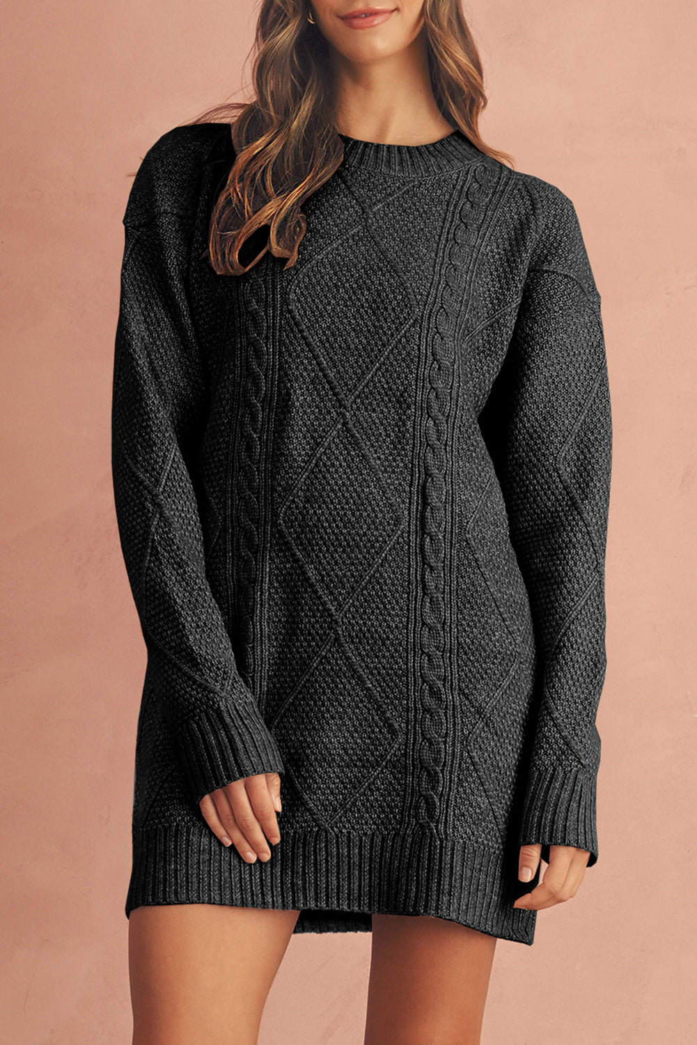 Oatmeal Cable Knit Drop Shoulder Loose Fit Sweater Dress