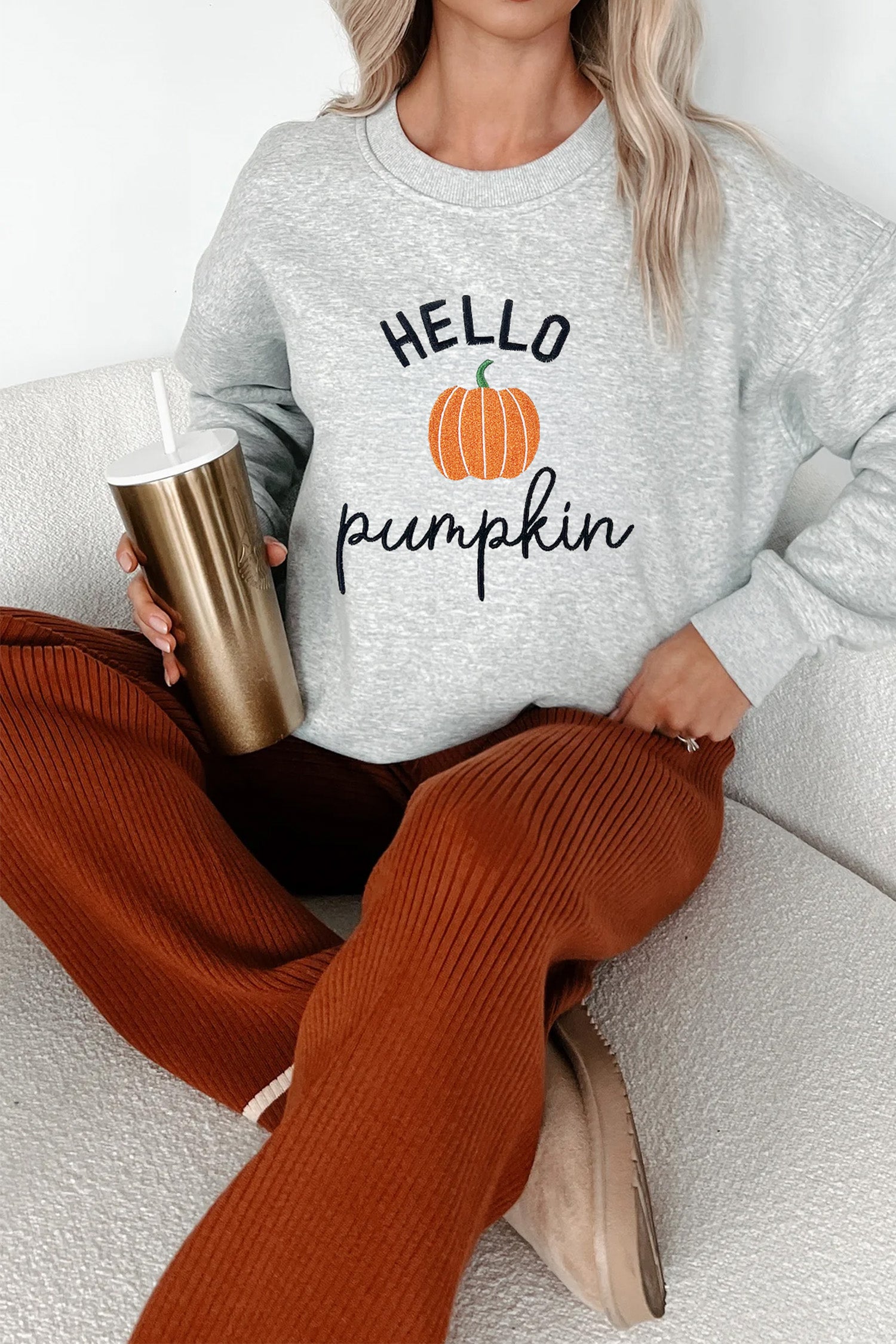 Gray HELLO Pumpkin Embroidered Pattern Casual Sweatshirt