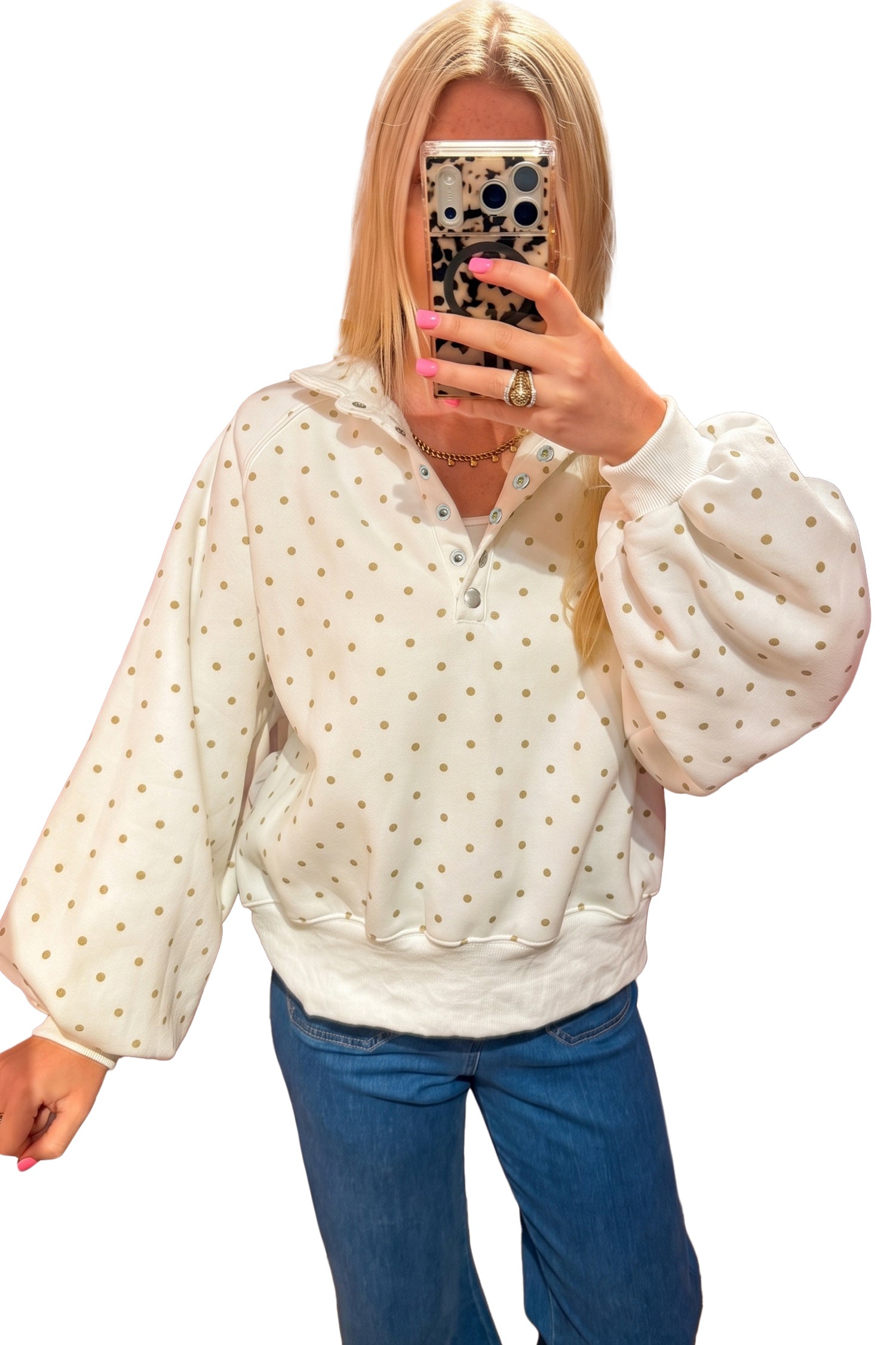 Brown Polka Dot Print Metal Button Collar Casual Pullover Sweatshirt