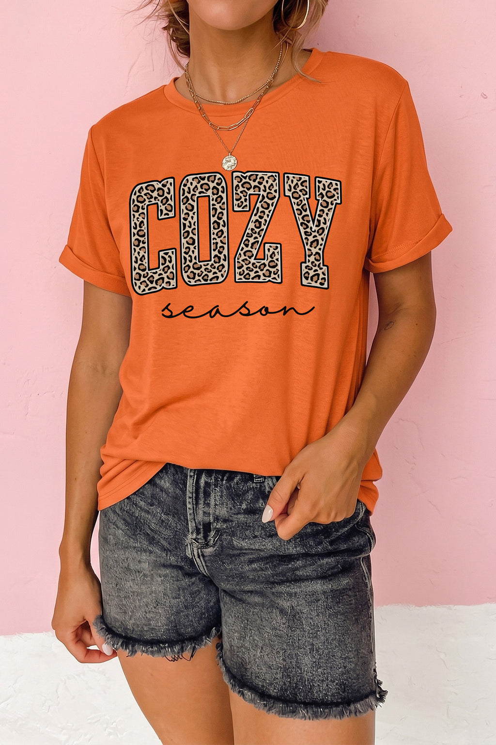 Orange COZY season Leopard Letter Graphic Casual Round Neck T Shirt