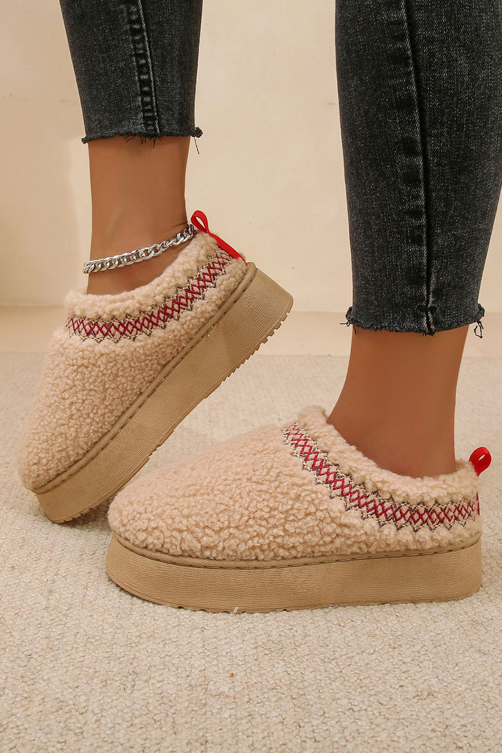 Soft Plush Embroidered Detail Flat Platform Slippers
