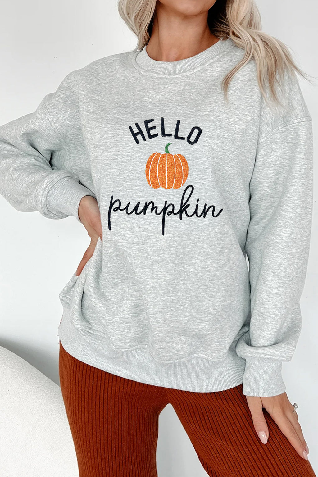 Gray HELLO Pumpkin Embroidered Pattern Casual Sweatshirt