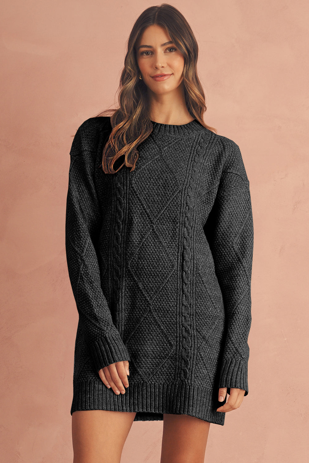 Oatmeal Cable Knit Drop Shoulder Loose Fit Sweater Dress