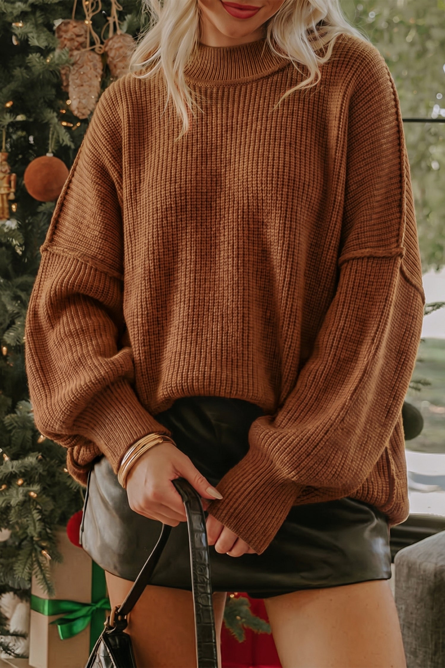 Chestnut Long Sleeve Ribbed Knit Stand Neck Regular Fit Sweater