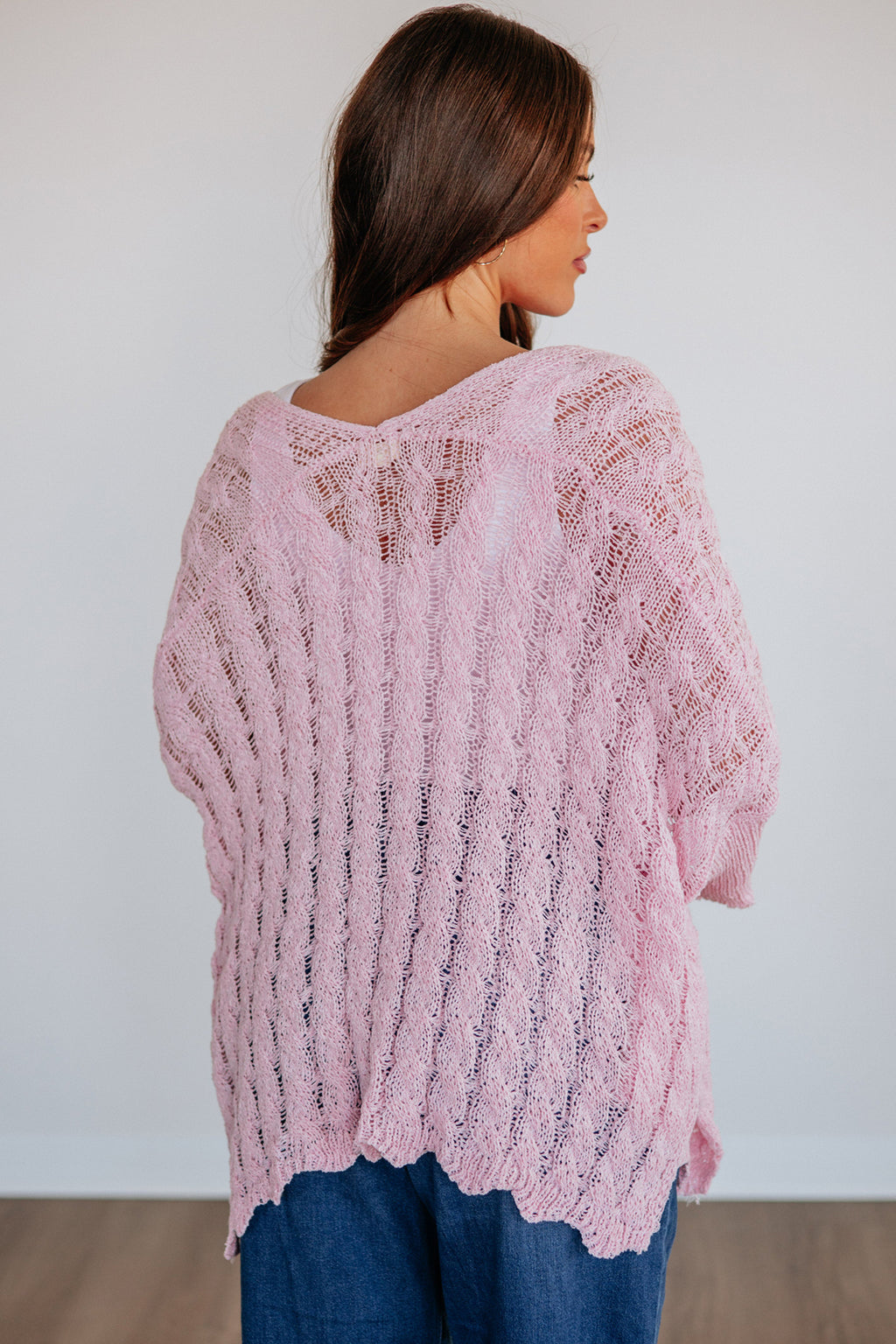 Old Rose Drop Shoulder Crochet Knit Open Front Cardigan