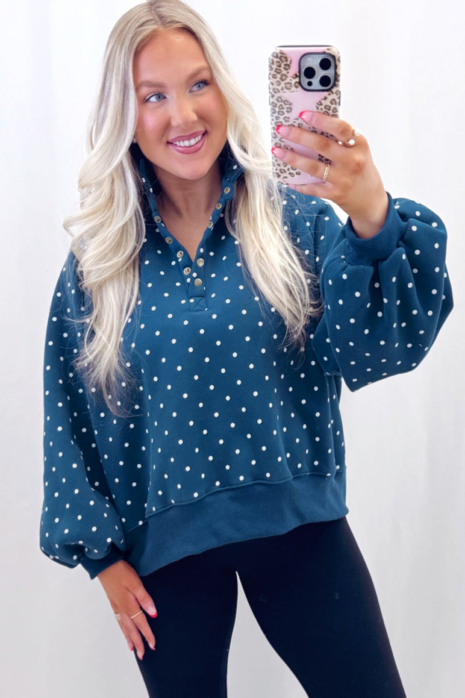 Brown Polka Dot Print Metal Button Collar Casual Pullover Sweatshirt
