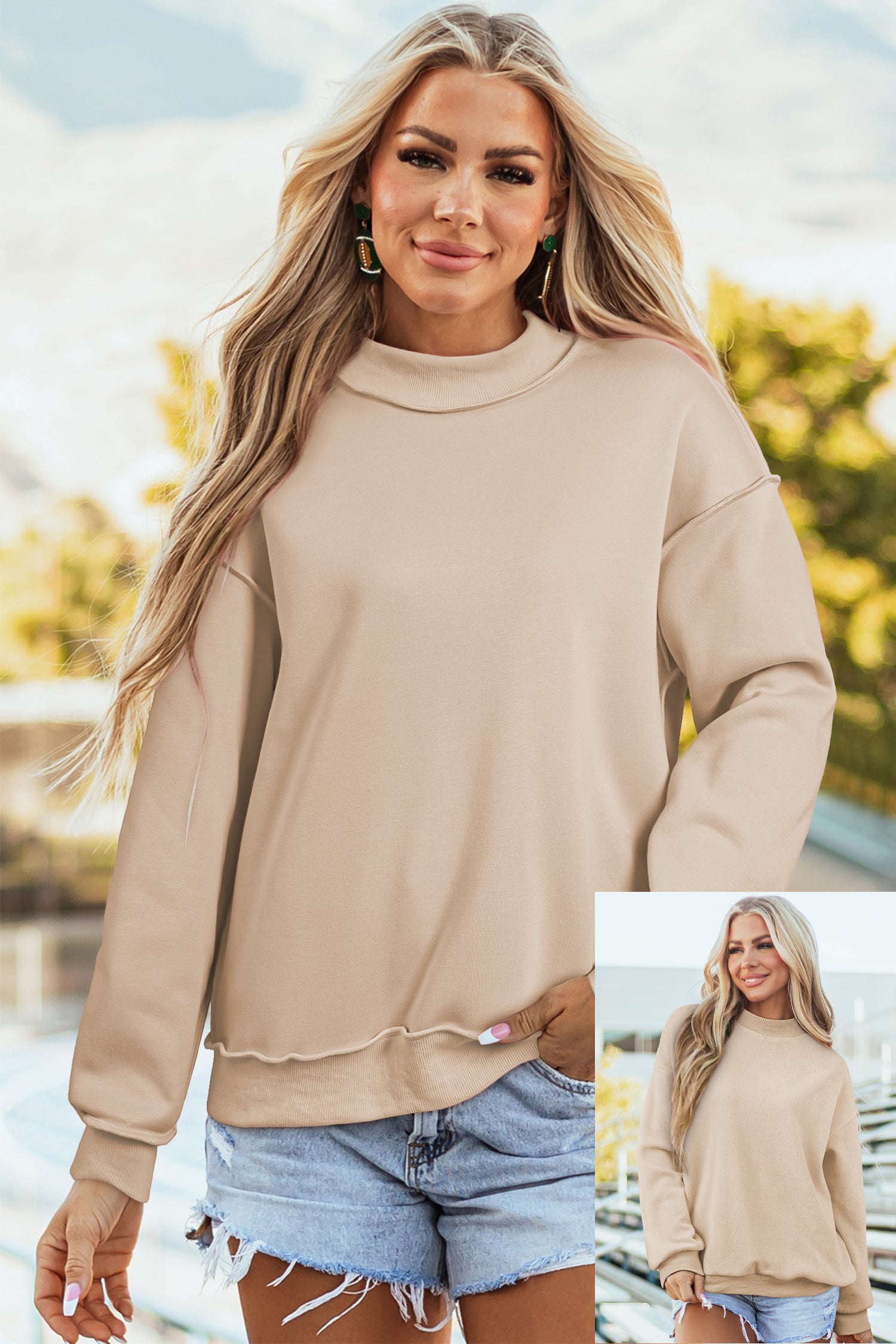 Coffee Oversize Drop Shoulder Reversible Mock Neck Sweatshirt
