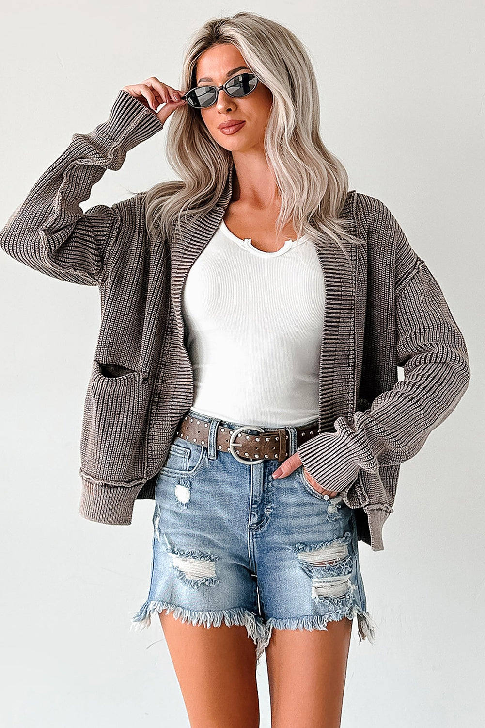 Evergreen Mineral Wash Exposed Seam Patchwork Knit Cardigan
