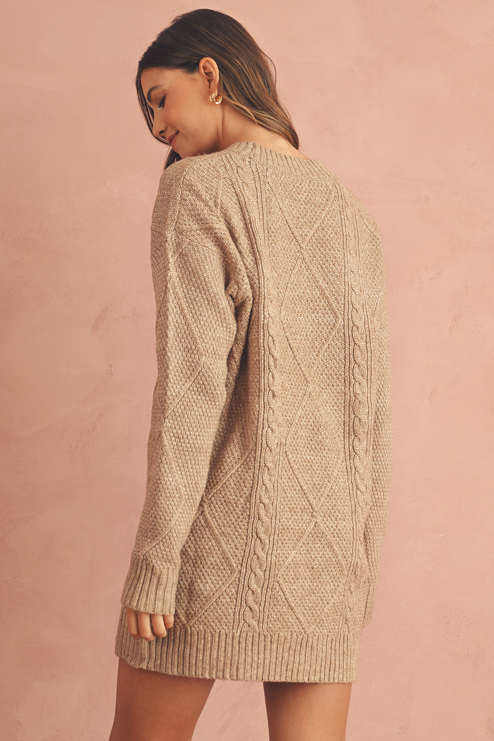 Oatmeal Cable Knit Drop Shoulder Loose Fit Sweater Dress