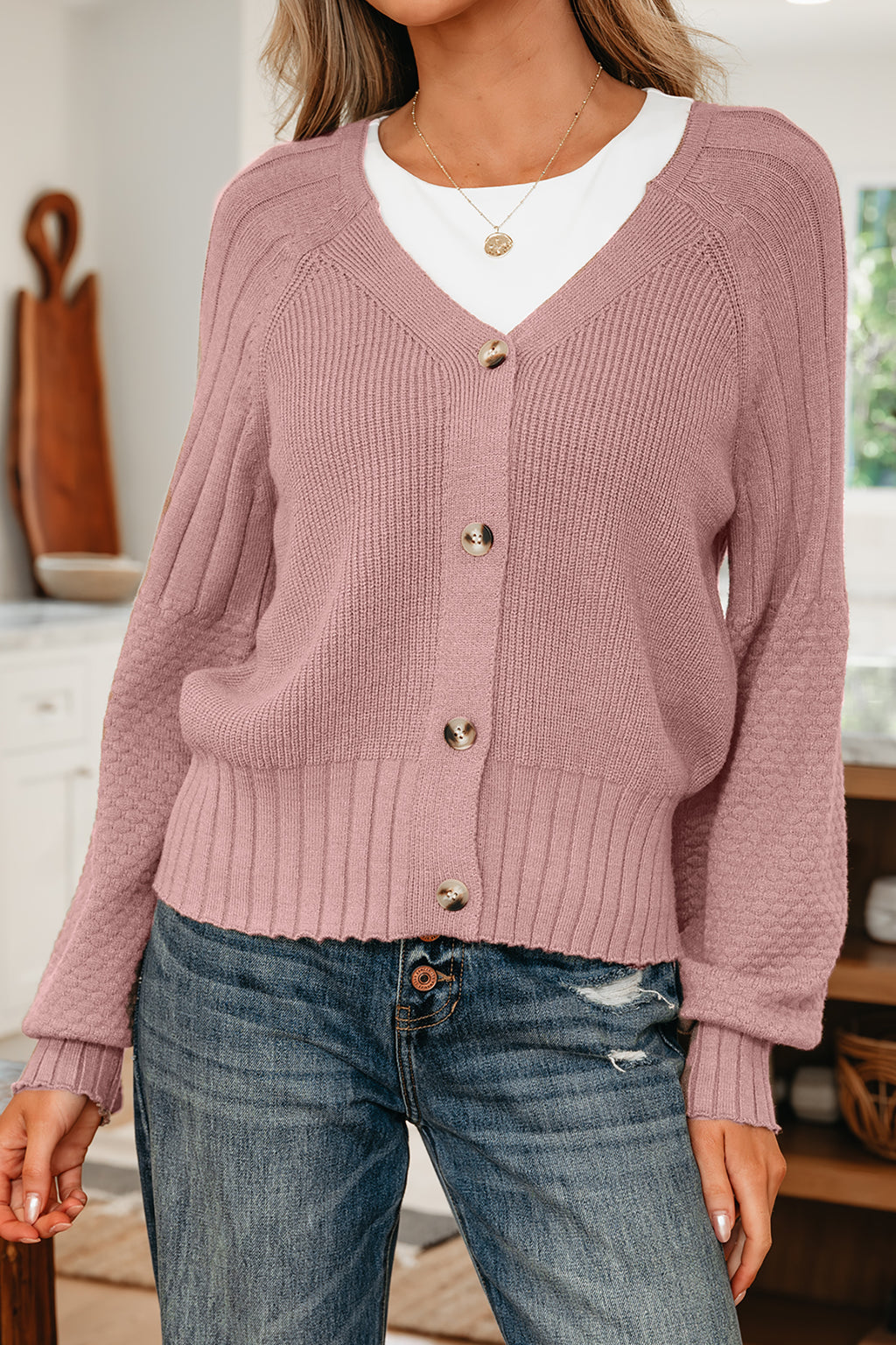 Goat Mixed Texture Knit Button V Neck Sweater Cardigan