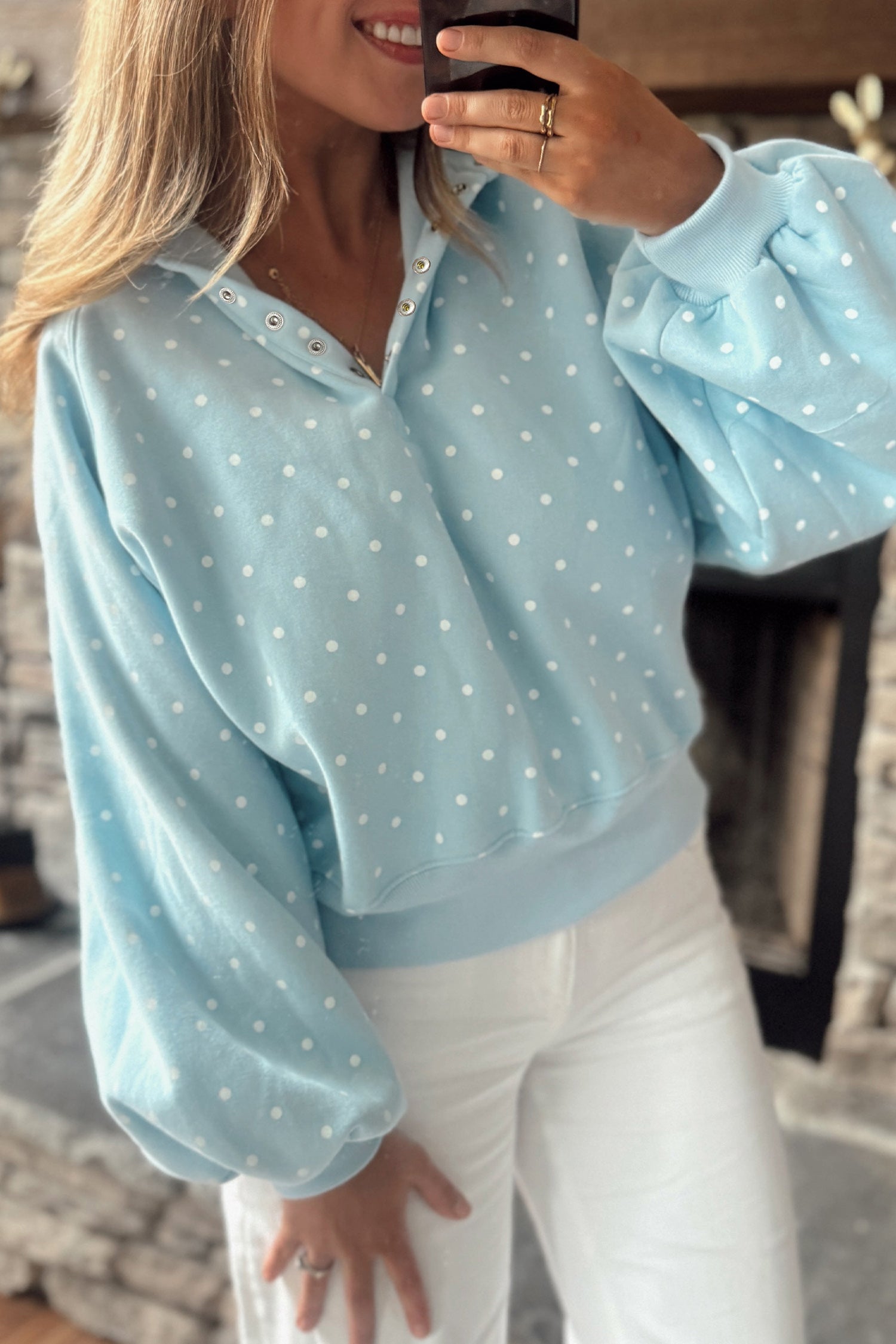 Brown Polka Dot Print Metal Button Collar Casual Pullover Sweatshirt