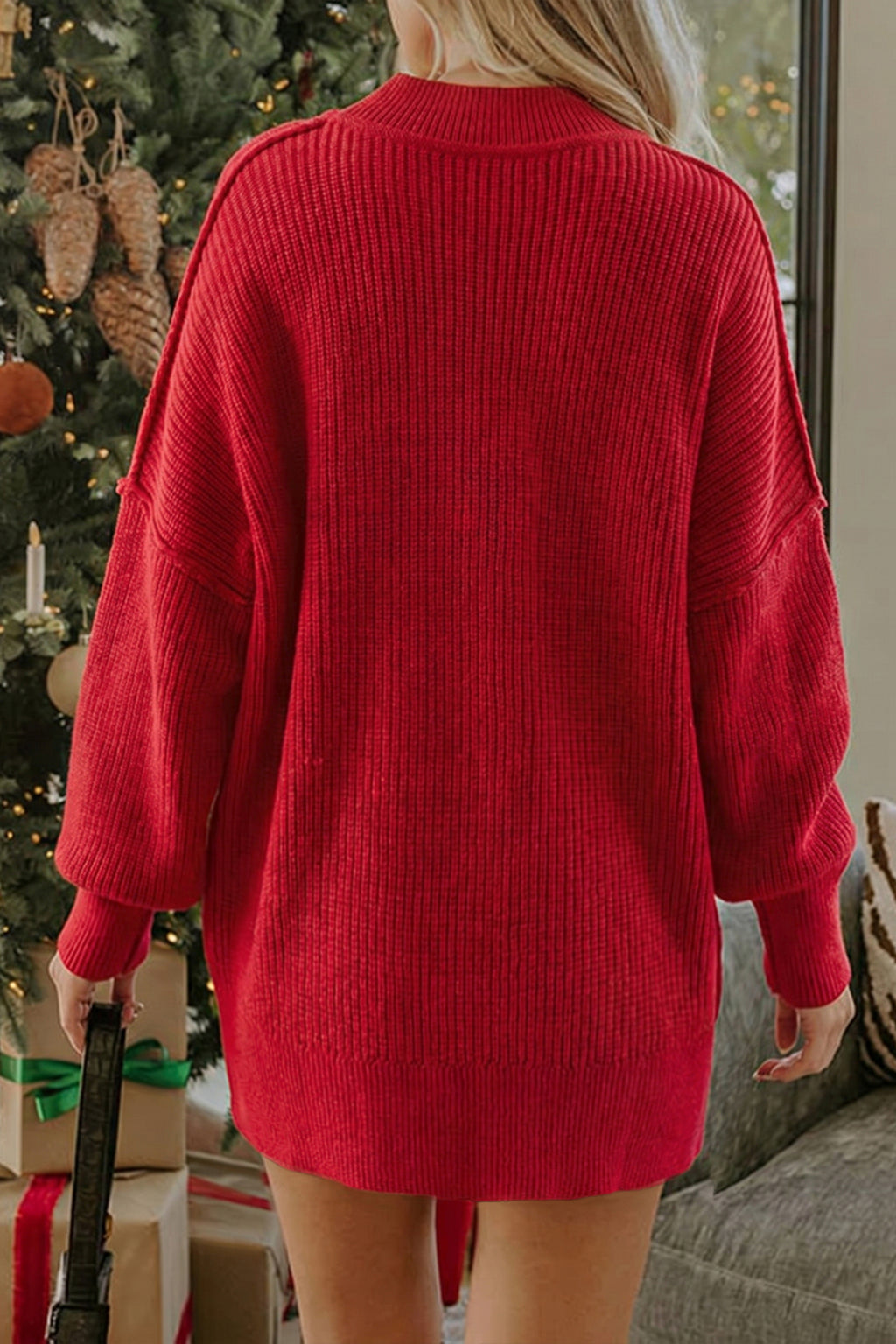 Chestnut Long Sleeve Ribbed Knit Stand Neck Regular Fit Sweater