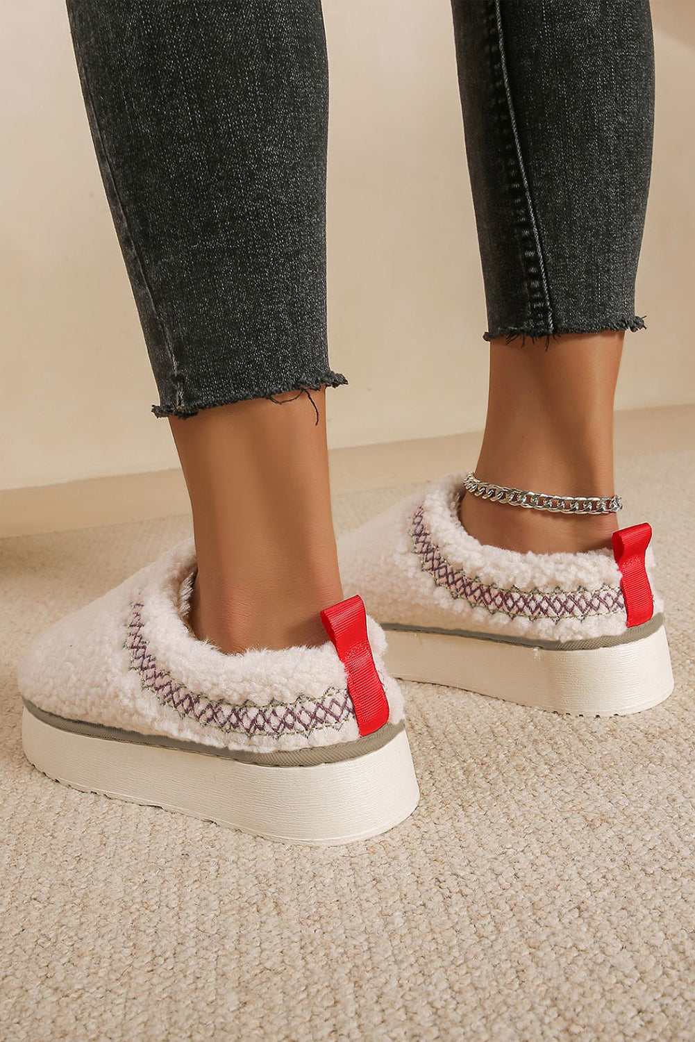 Soft Plush Embroidered Detail Flat Platform Slippers