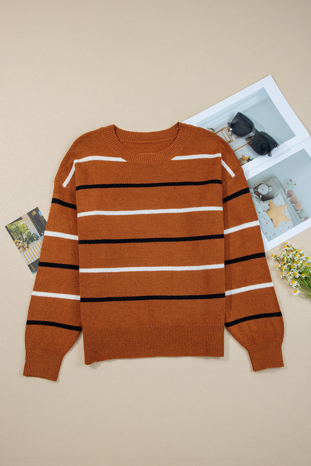 Multicolour Striped Ribbed Edge Drop Shoulder Sweater
