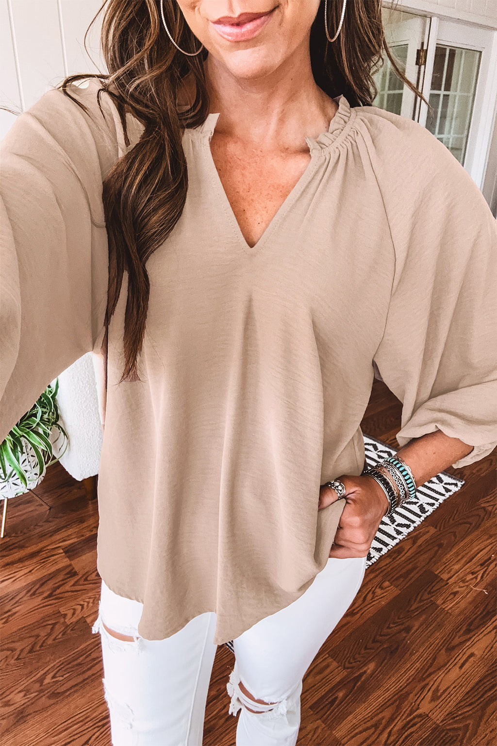 Parchment V Neck Gathered Cuff Three Quarter Sleeve Blouse