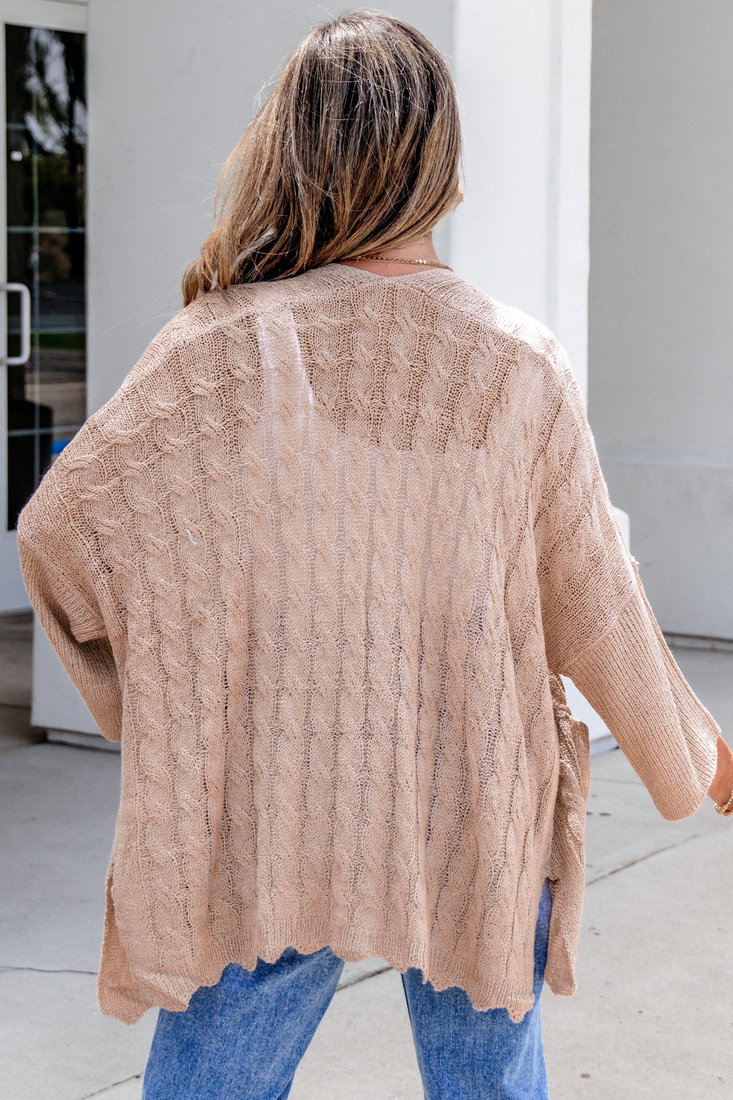 Old Rose Drop Shoulder Crochet Knit Open Front Cardigan