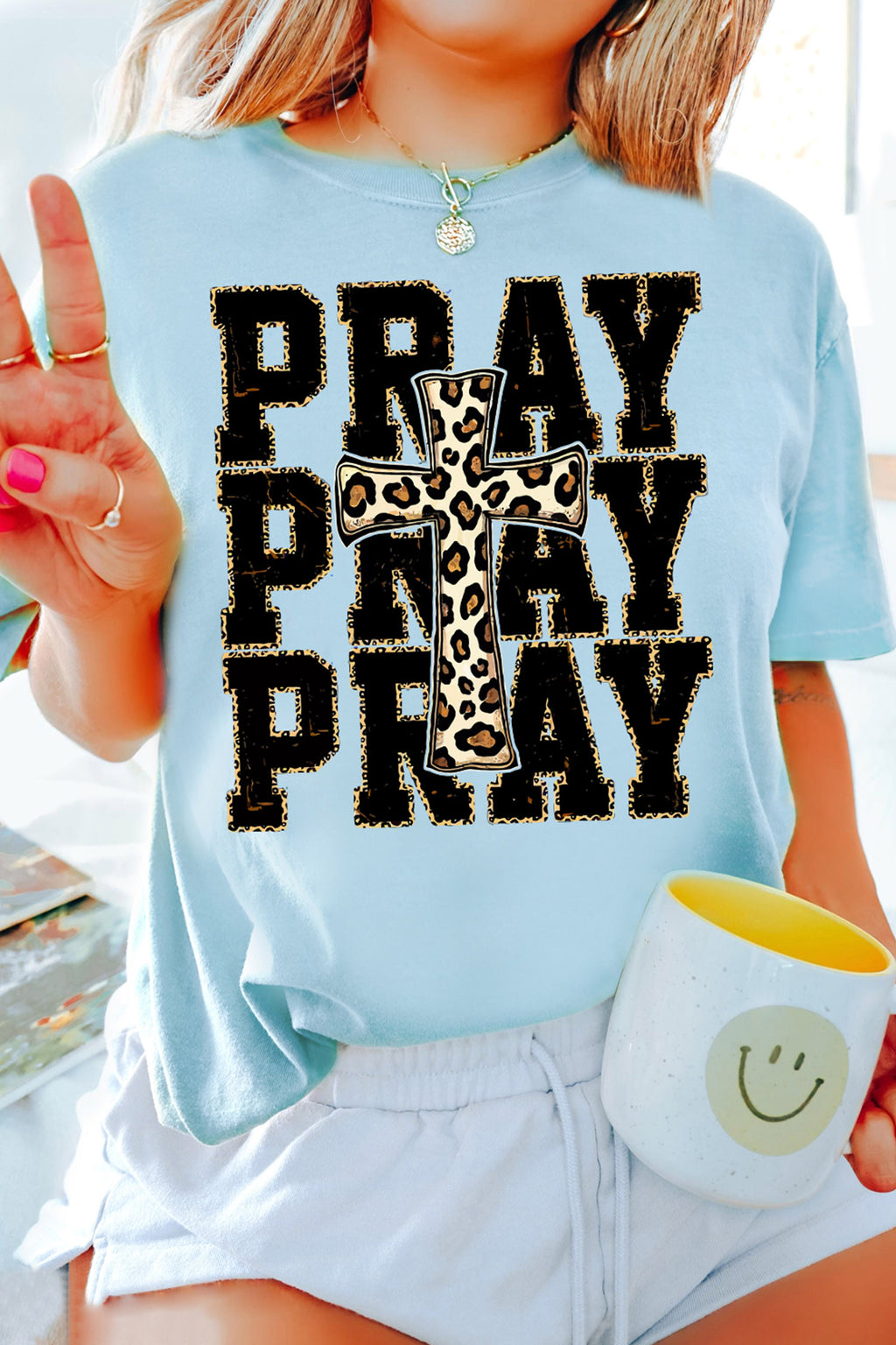 Light Blue PRAY Leopard Cross Graphic Loose Round Neck T Shirt