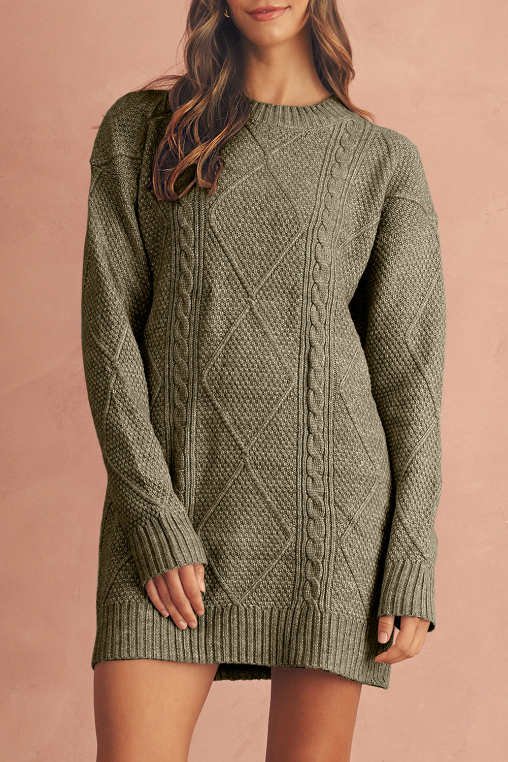 Oatmeal Cable Knit Drop Shoulder Loose Fit Sweater Dress