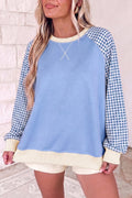 Light Blue Plaid Sleeve Colorblock Raglan Pullover Sweatshirt