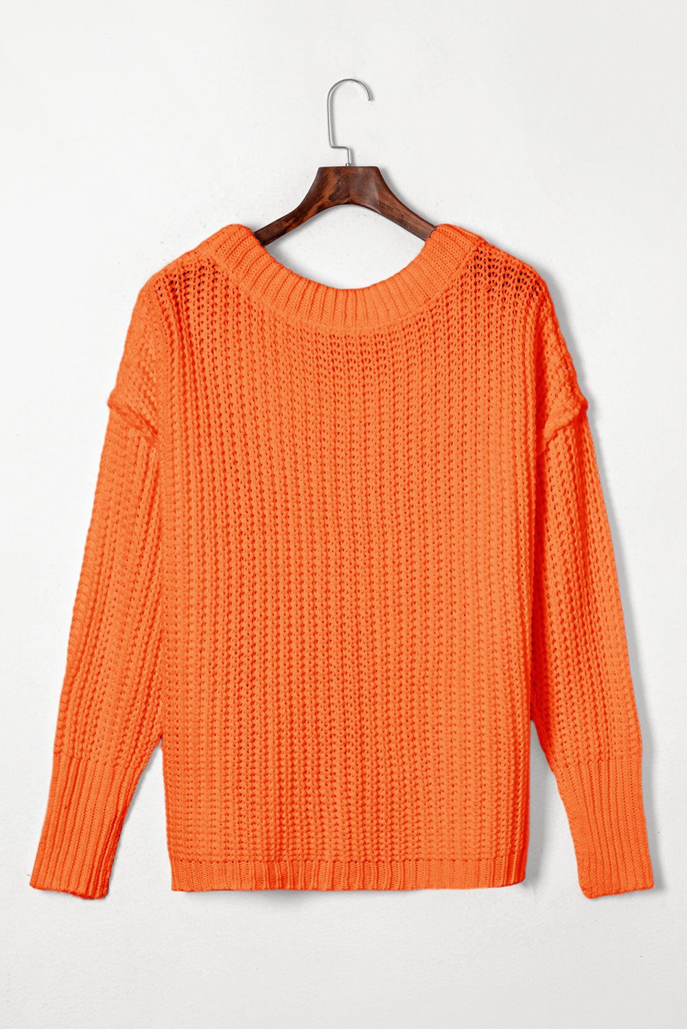 Orange Ribbed Knit Round Neck Slouchy Chunky Sweater