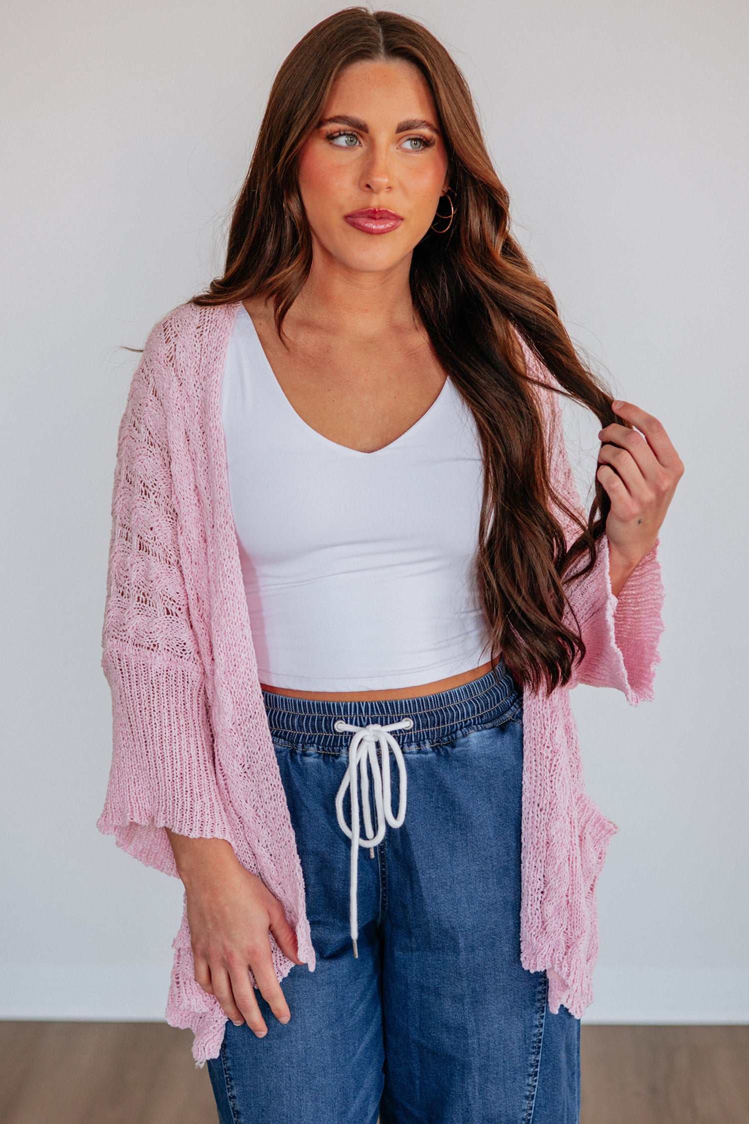 Old Rose Drop Shoulder Crochet Knit Open Front Cardigan