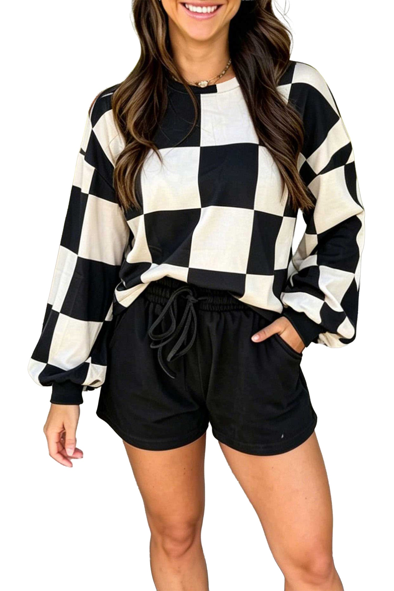 Khaki Checkerboard Plaid Long Sleeve Solid Color Shorts 2pcs Set