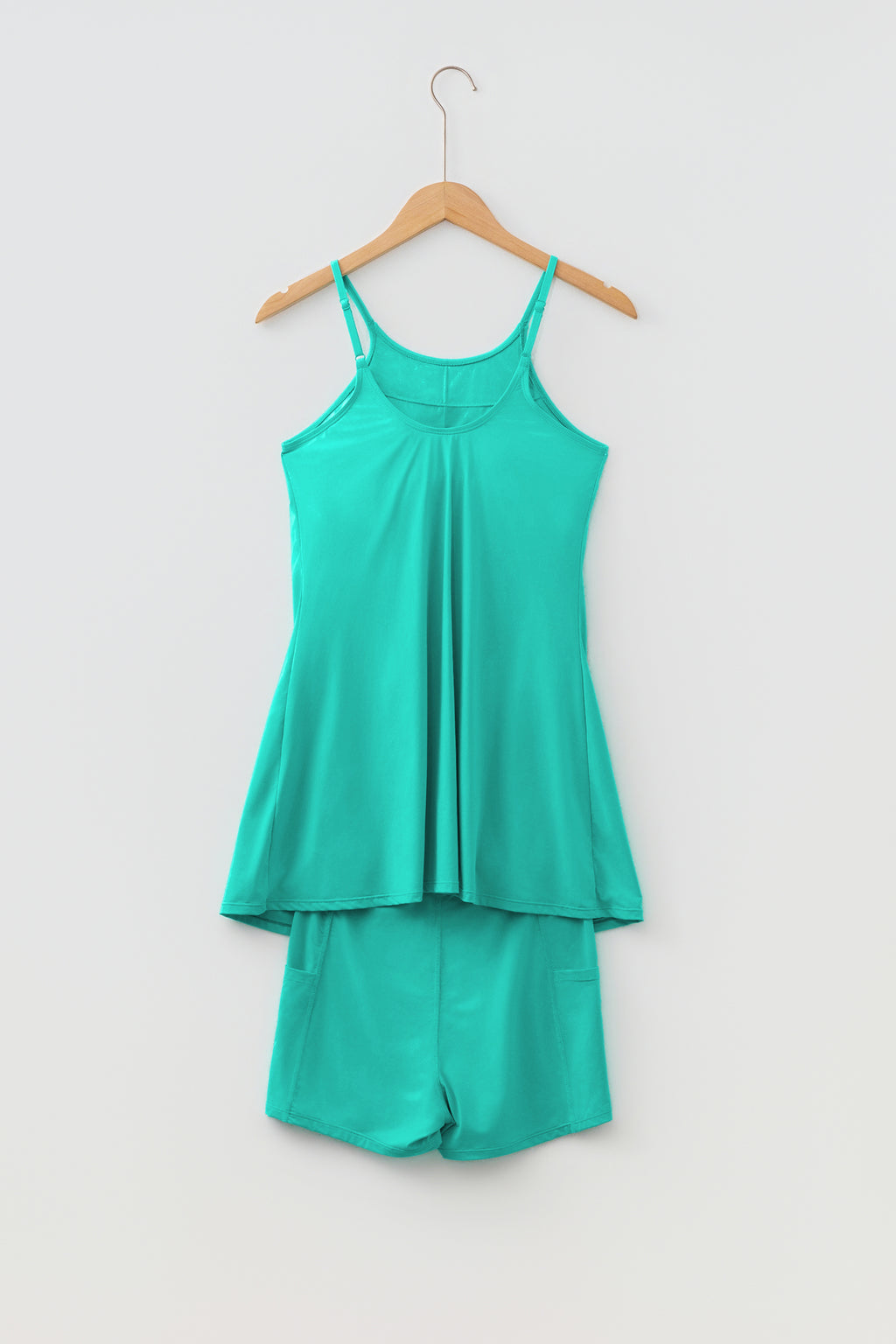 Sea Green Solid Color Tunic Tank Dress Athletic Shorts Two Piece Set
